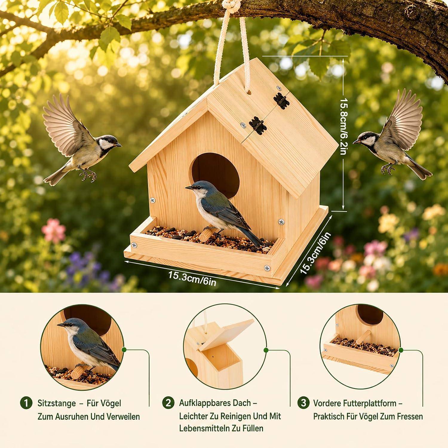 Illustration eines hölzernen hängenden Vogelhäuschen-Futterautomaten mit Vögeln, die sitzen und fressen; Abmessungen angegeben als 15,3 cm x 15,3 cm x 15,8 cm, plus drei Detailaufnahmen des Sitzes, des Daches und der vorderen Fütterungsschale.