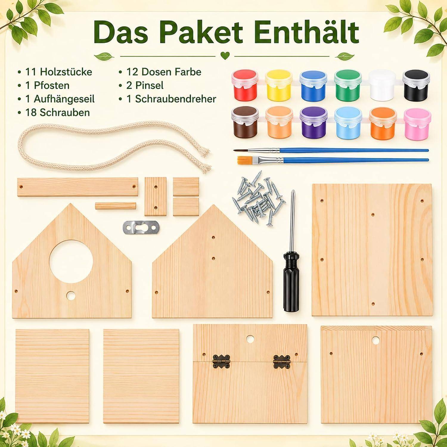 Deutscher Paketinhalt-Diagramm mit 11 Holzteilen, 1 Seil, 1 Leiterseil, 18 Schrauben, 12 Farbdosen, 2 Pinseln und 1 Schraubenzieher mit Vogelhaus-Teilen.