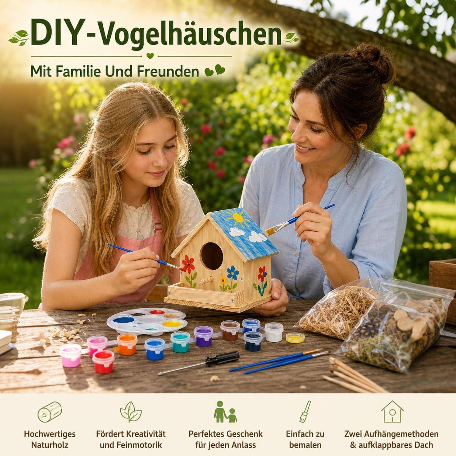 Mutter und Tochter streichen ein hölzernes Vogelhaus im Freien für ein DIY-Familienprojekt; Text liest 