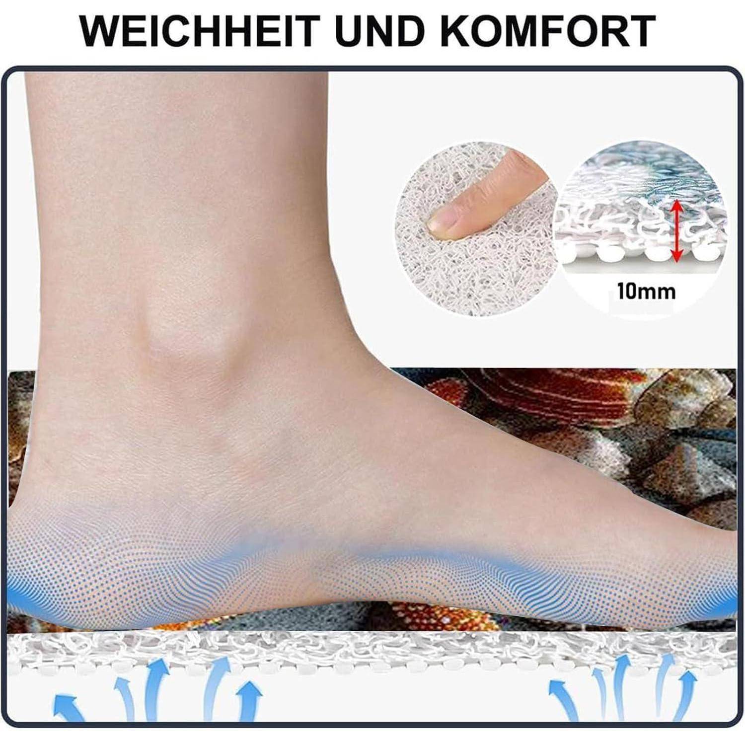 Illustration eines Fußes auf einer gepolsterten Matte, die 'Weichheit und Komfort' hervorhebt und eine Dicke von 10 mm mit sichtbarer Unterstützung und Atmungsaktivität zeigt.