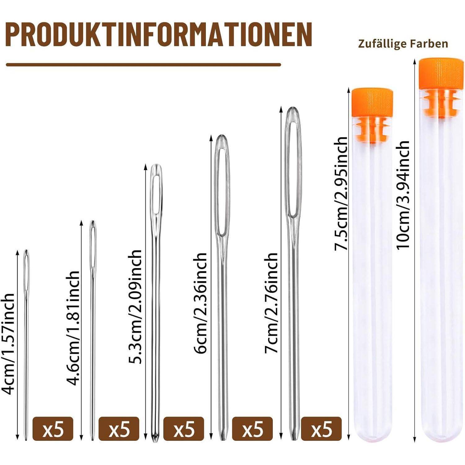 Produktinformationsbild, das fünf Musterbleistiftgrößen mit beschrifteten Längen von 4 cm/1,57 Zoll bis 7 cm/2,76 Zoll zeigt, plus zwei klare Röhren mit Beschriftung zufällige Farben bei 7,5 cm und 10 cm.