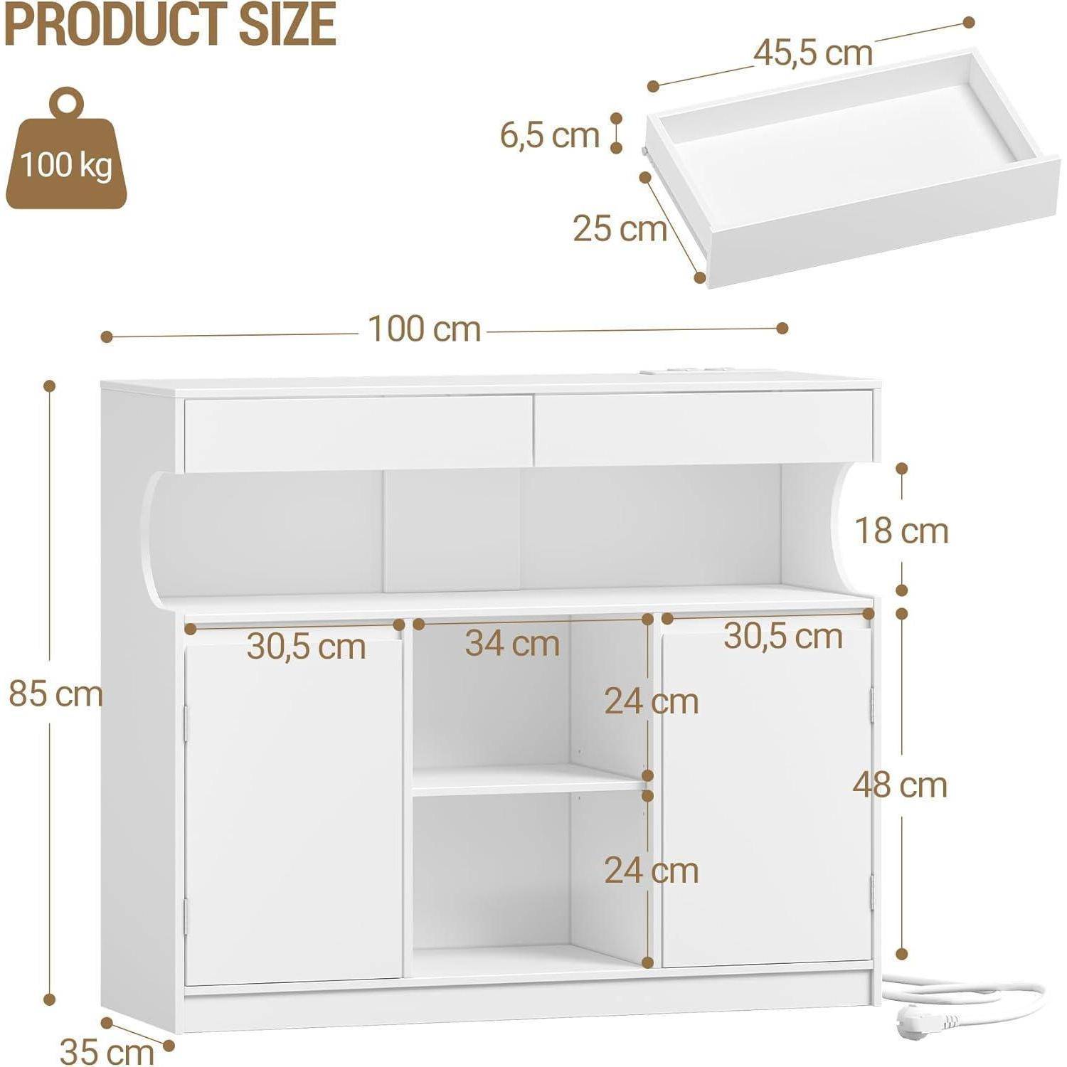 Produktgrößendiagramm für ein weißes Schrank-Küchengerät: 100 cm breit, 85 cm hoch, 35 cm tief; oberes Tablett 45,5 x 25 x 6,5 cm, Belastungsgrenze 100 kg.