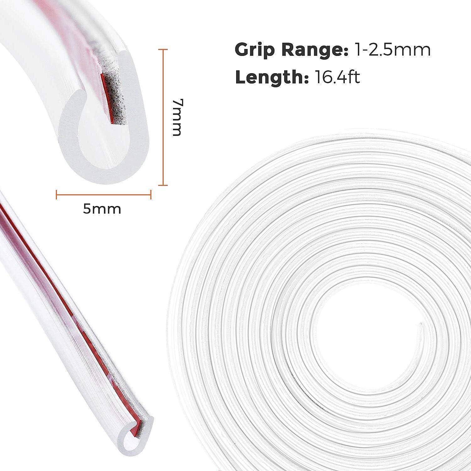 Diagramm einer transparenten Kantenschleifer-Rolle mit Abmessungen: Griffbereich 1–2,5 mm, Länge 16,4 ft, mit 5 mm Breite und 7 mm Höhe des Querschnitts.