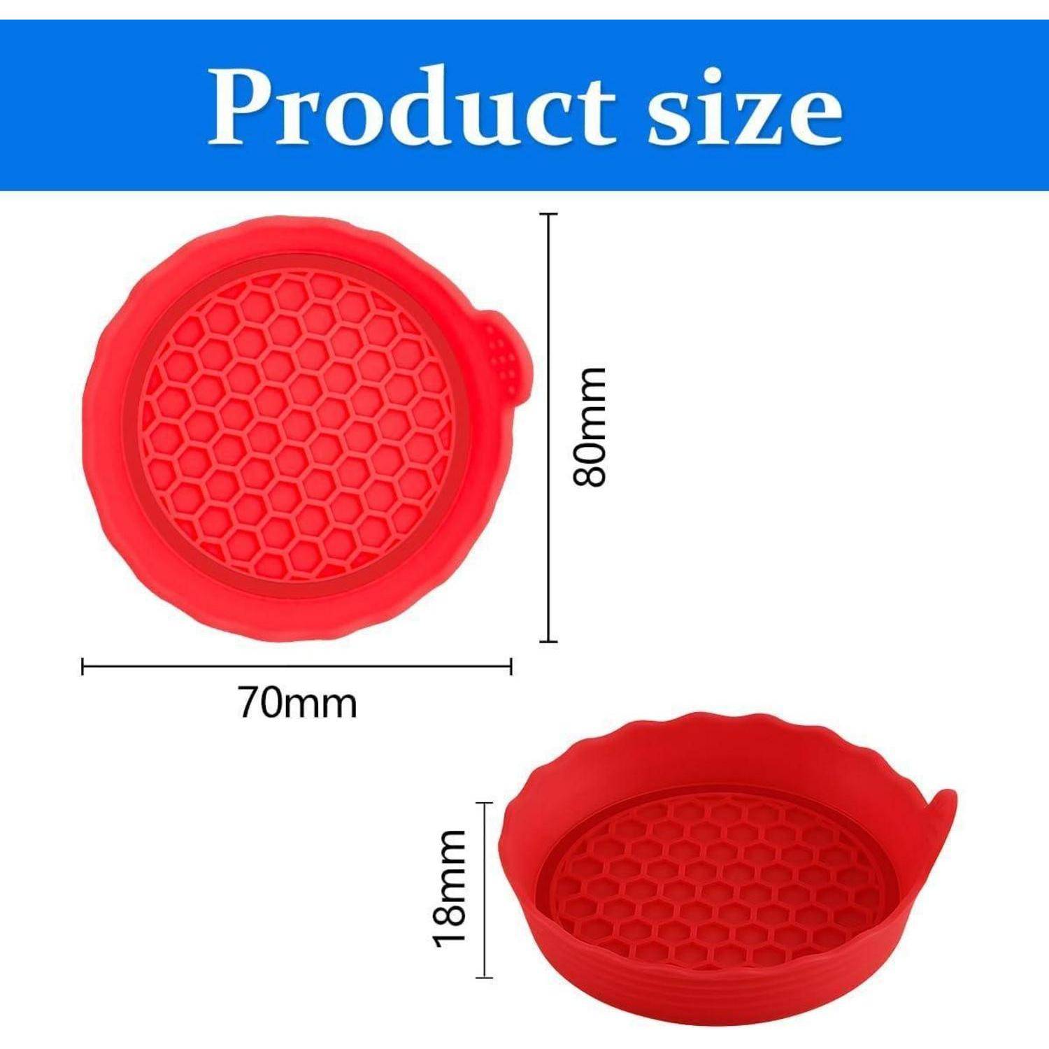 Größentabelle für ein rotes Silikonprodukt in runder Form: 70 mm breit und 80 mm hoch, mit einer Seitenansicht, die eine Höhe von 18 mm zeigt.