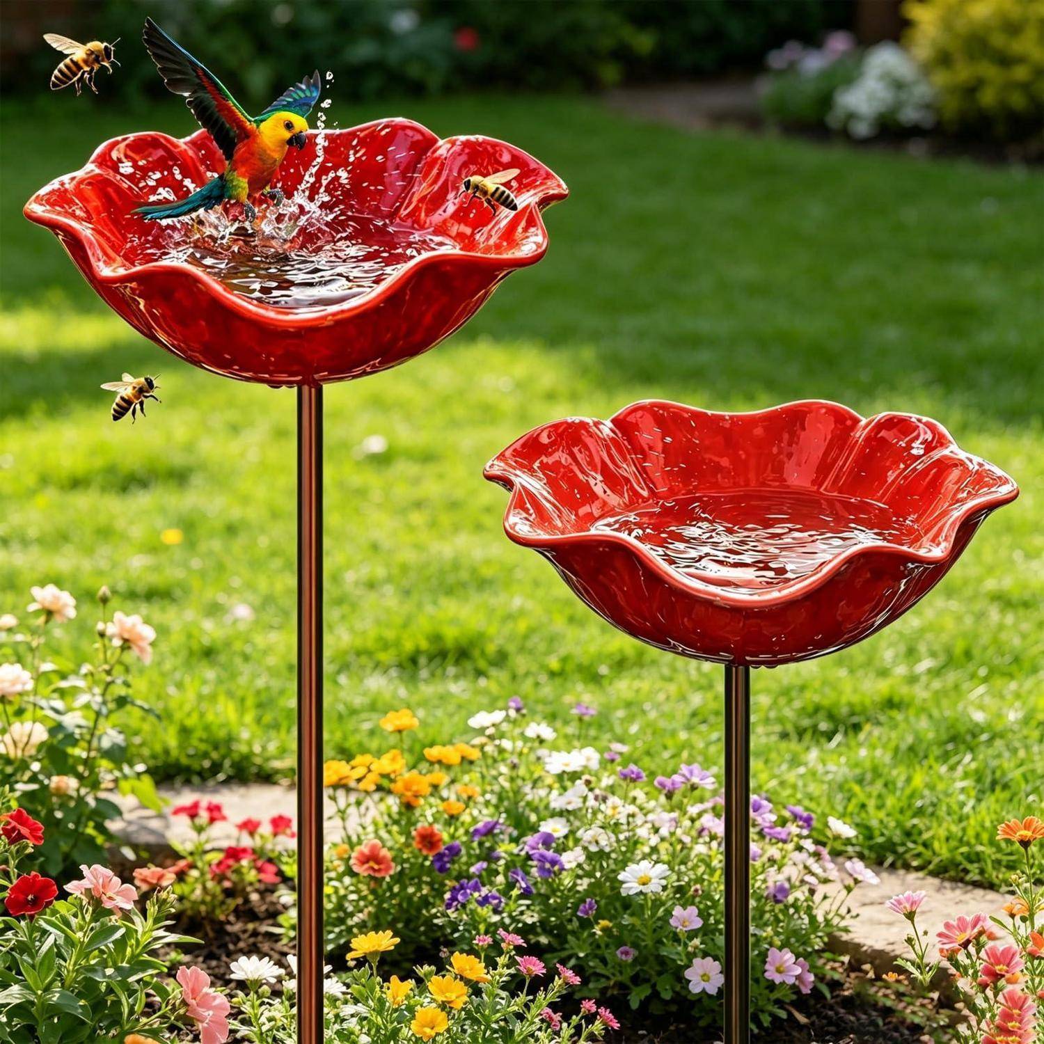 Zwei rote blütenförmige Vogeltränken auf Stöcken in einem Garten, mit einem bunten Kolibri und Bienen in der Nähe des Wassers.