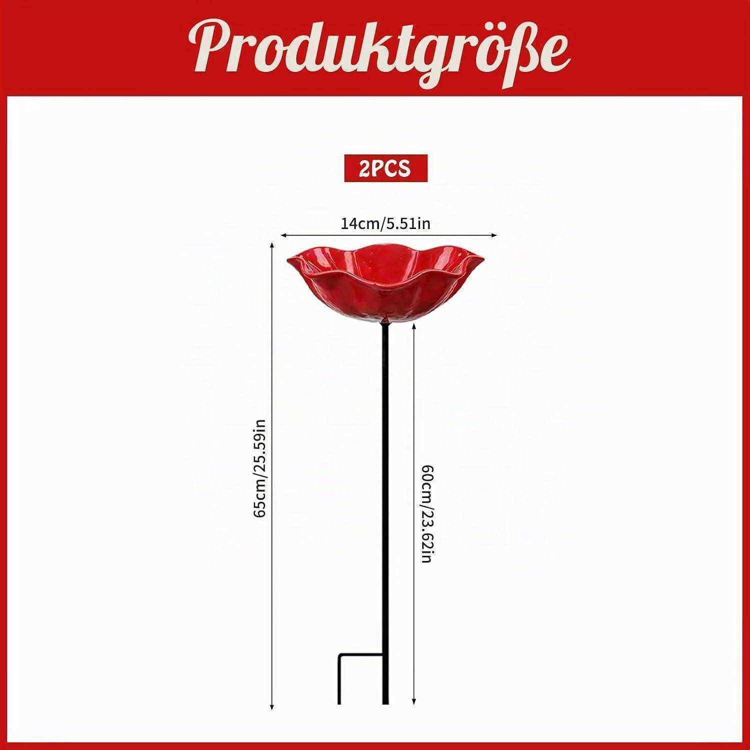 Produktgrößendiagramm mit 2 roten blumenförmigen Gartenstäben; Gesamthöhe 56 cm, Blütenbreite 14 cm, Stielhohe 60 cm.