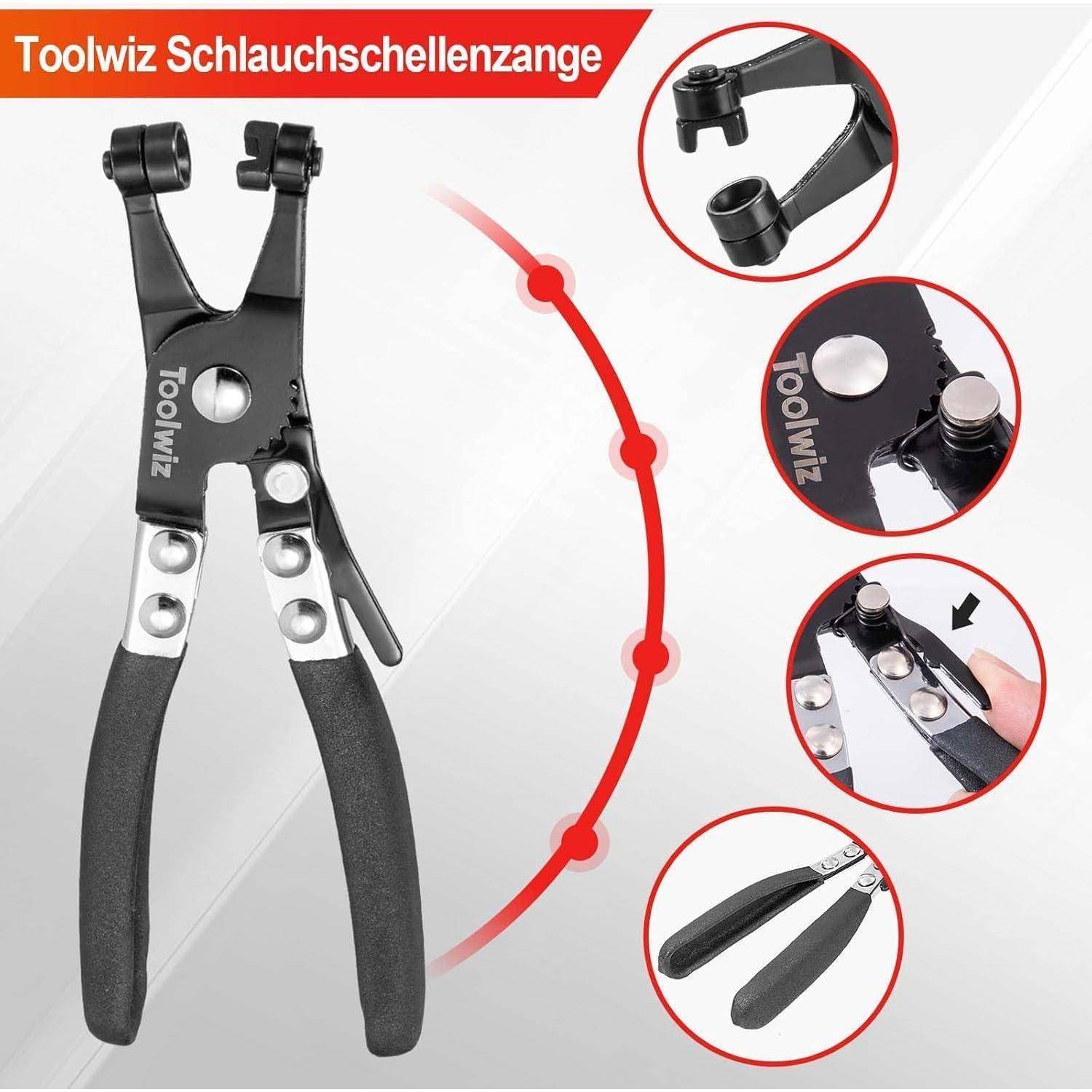 Toolwiz Schlauchschellenzange, eine Schlauchschellenzange, die mit Nahaufnahmen ihrer Backen, der Klemmengriff und der Griffbetätigung gezeigt wird.