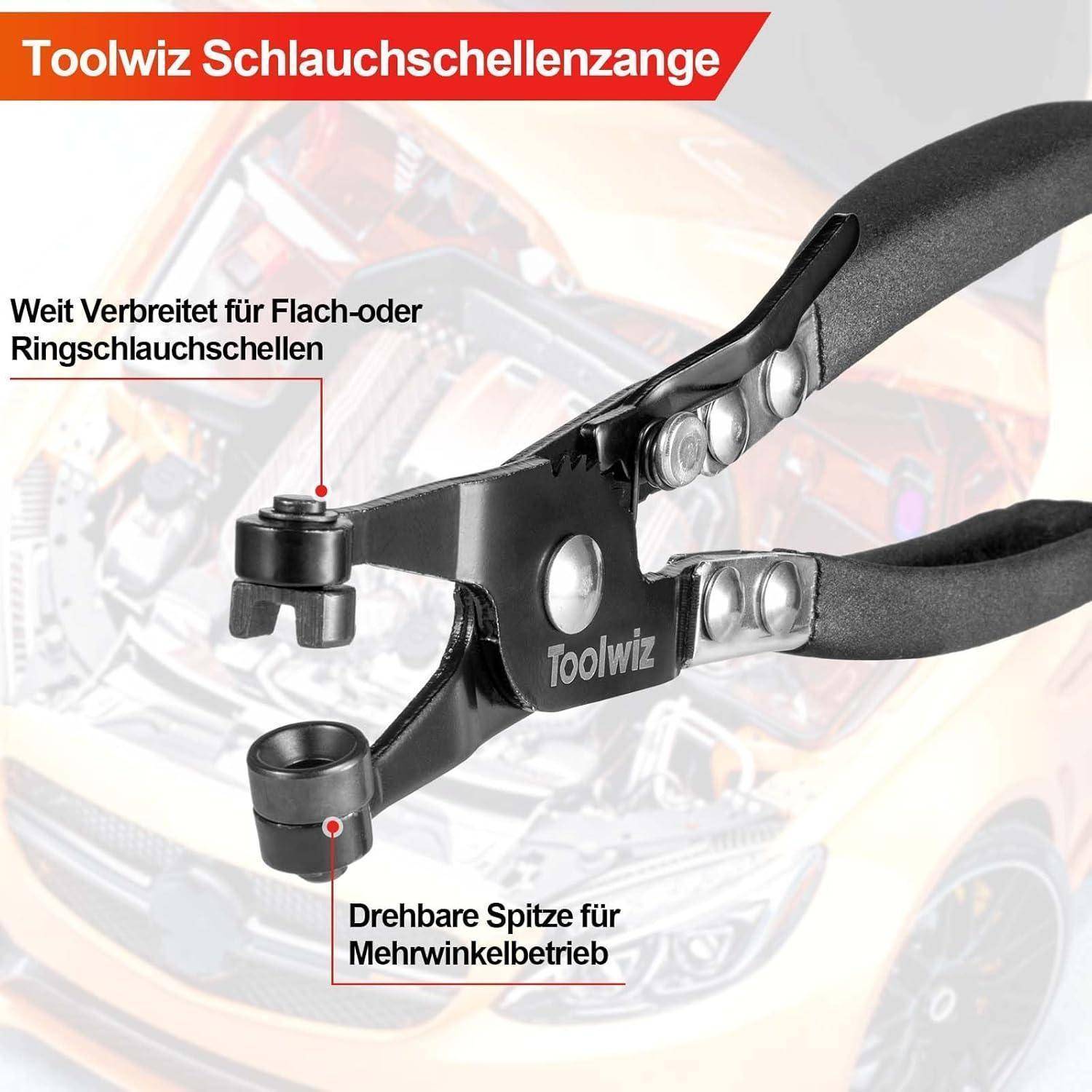 Produktbild von Toolwiz Schlauchschellenzange mit rotierenden Spitzen, beschriftet für flache oder Ringschlauchschellen und mehrstufigen Einsatz.