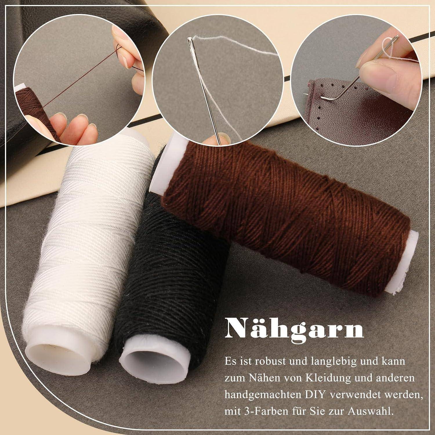 Drei Spulen Nähgarn mit eingefügten Nahaufnahmen zum Einfädeln einer Nadel und zum Nähen von Leder; deutscher Text wirbt für haltbares Nähgarn für DIY und Kleidung.
