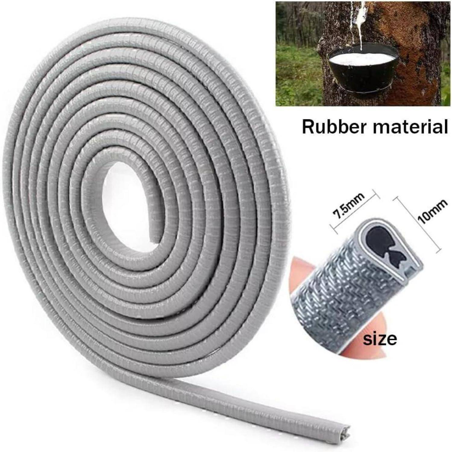 Aufgerollte graue Gummidichtung mit selbstklebendem Rücken; Ausschnitt zeigt Gummimaterial und Größe von 7,5 mm mal 10 mm.