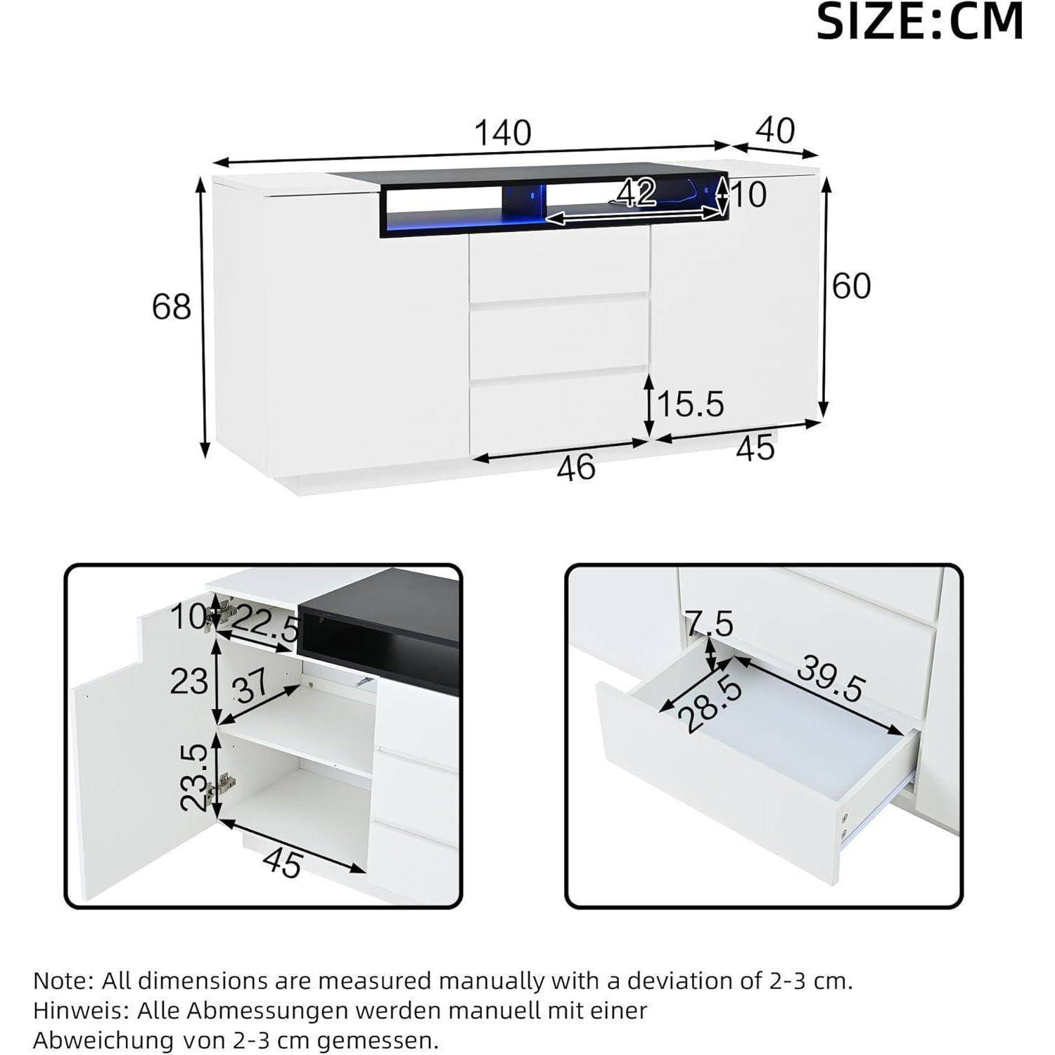 Schrankmaßstab-Diagramm in cm mit einer weiß-schwarzen Lagervitrine mit Abmessungen 140 Breite, 68 Höhe, 60 Tiefe; Nahaufnahmen von Schublade und Regal.