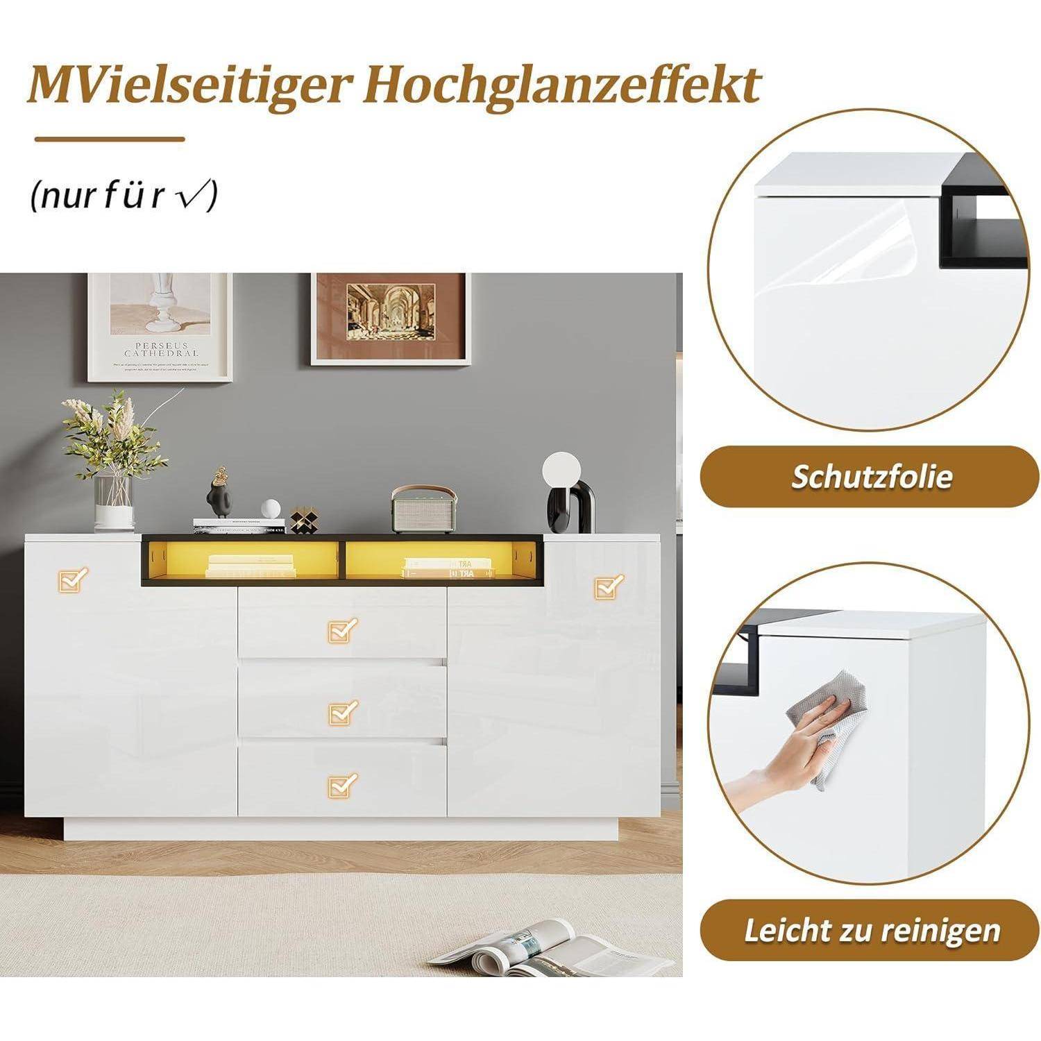Werbebild einer weißen Anrichte mit goldfarbenen Akzenten, die den 