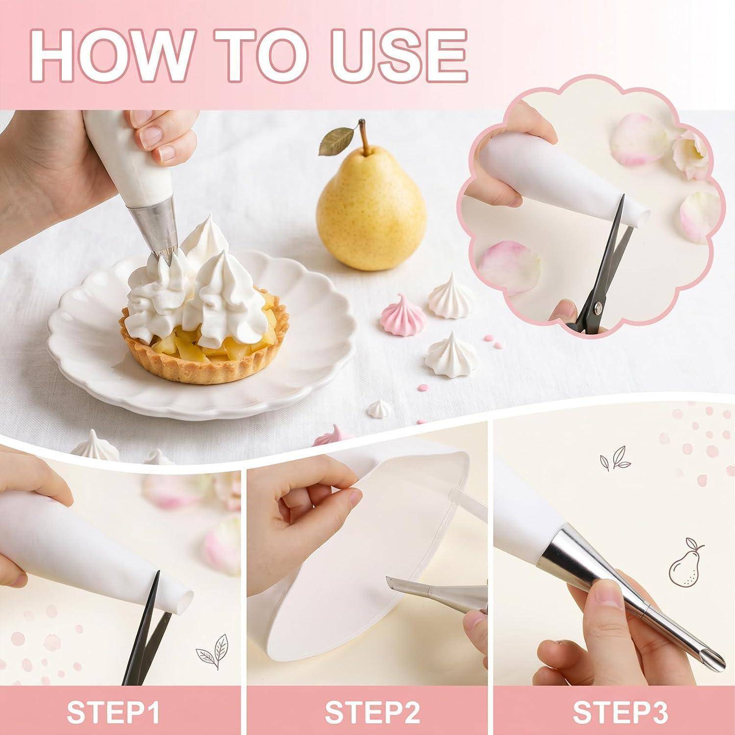 Anleitung mit Grafik mit dem Titel 'ANWENDUNG' zeigt einen Spritzbeutel und eine Metallzuckergussdüse zum Verzieren einer Torte; Schrittfelder zeigen das Zuschneiden von Pergamentpapier, das Formen des Beutels und das Anbringen der Düse.