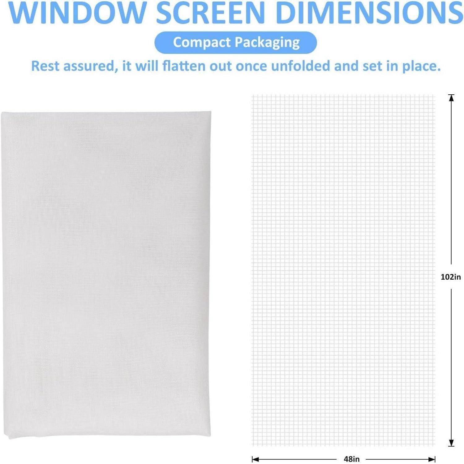 Grafik der Fensterfliegengitter-Abmessungen zeigt ein kompakt verpacktes Fliegengitter, das sich flach auf 48 x 102 Zoll entfaltet.