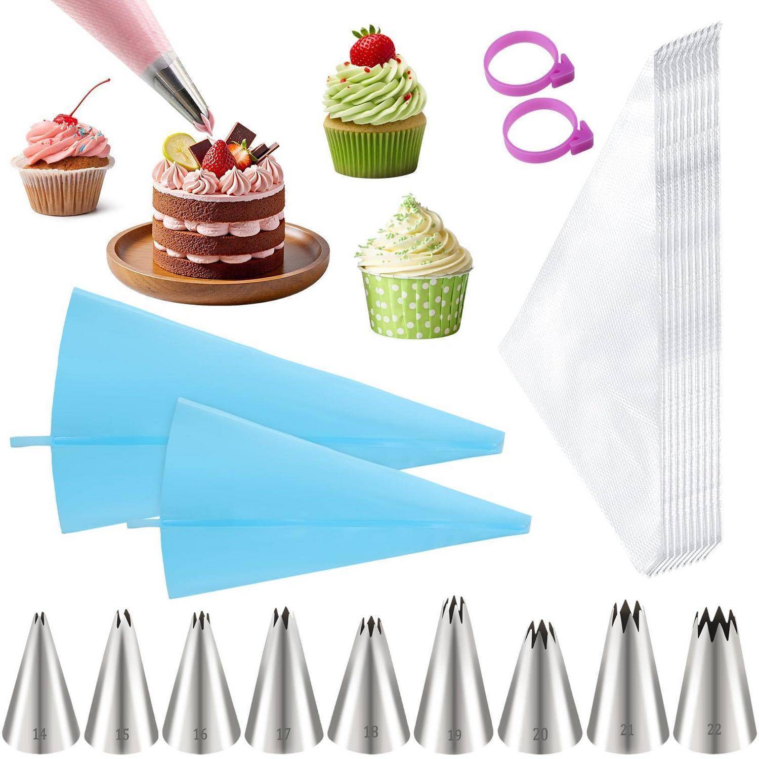 Sortiertes Cupcake- und Tortendekorierwerkzeug sowie Beispiele: Spritzbeutel, Kuppelstücke, Einweg-Spritzbeutel und Metalldekorationsspitzen mit glasierten Cupcakes und einer Torte, die mit Spritzbeutel verziert wird.