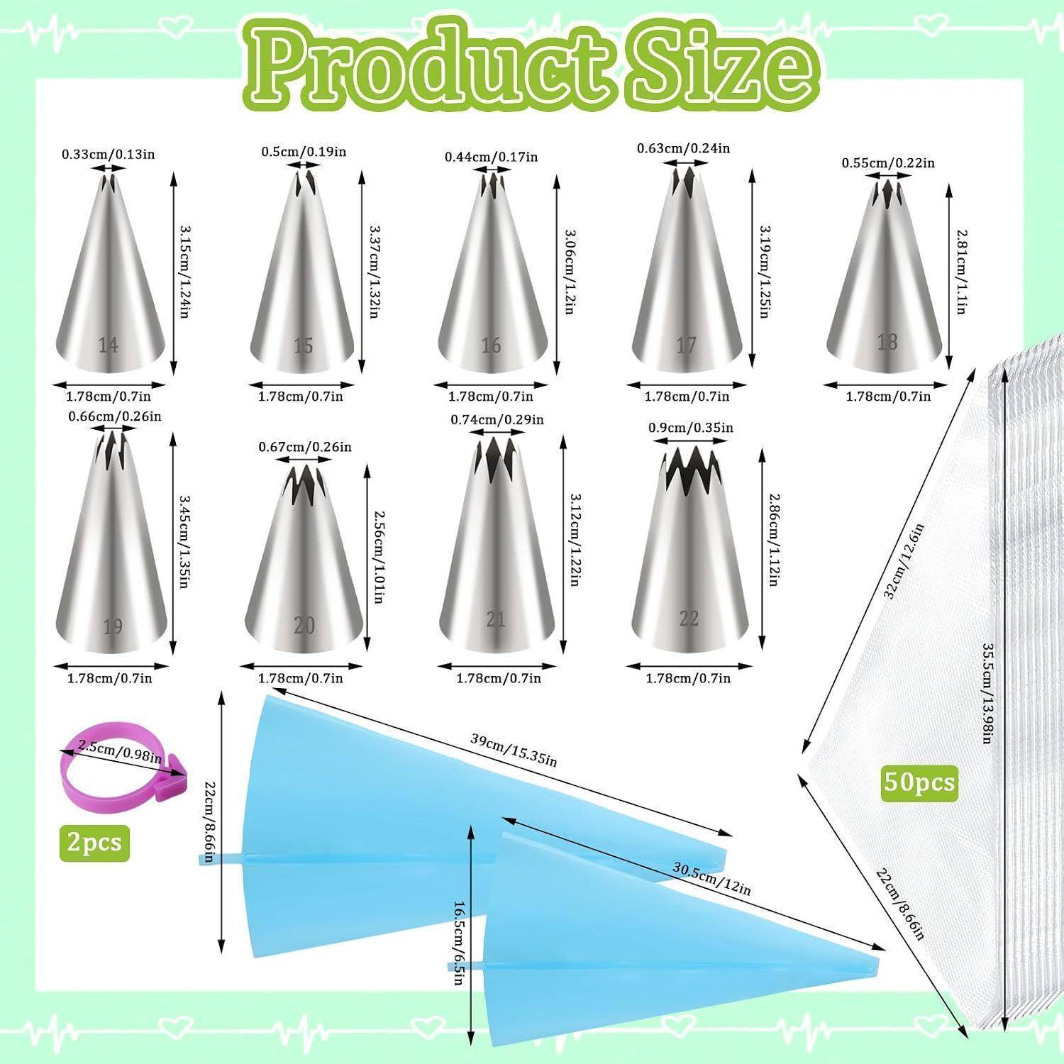Größentabelle für Produkte mit silbernen Metallspritztüten und blauen Spritzbeuteln mit beschrifteten Maßen und Mengen, einschließlich 50er-Packungen und 2er-Packungen rosa Verbindungsstücke.