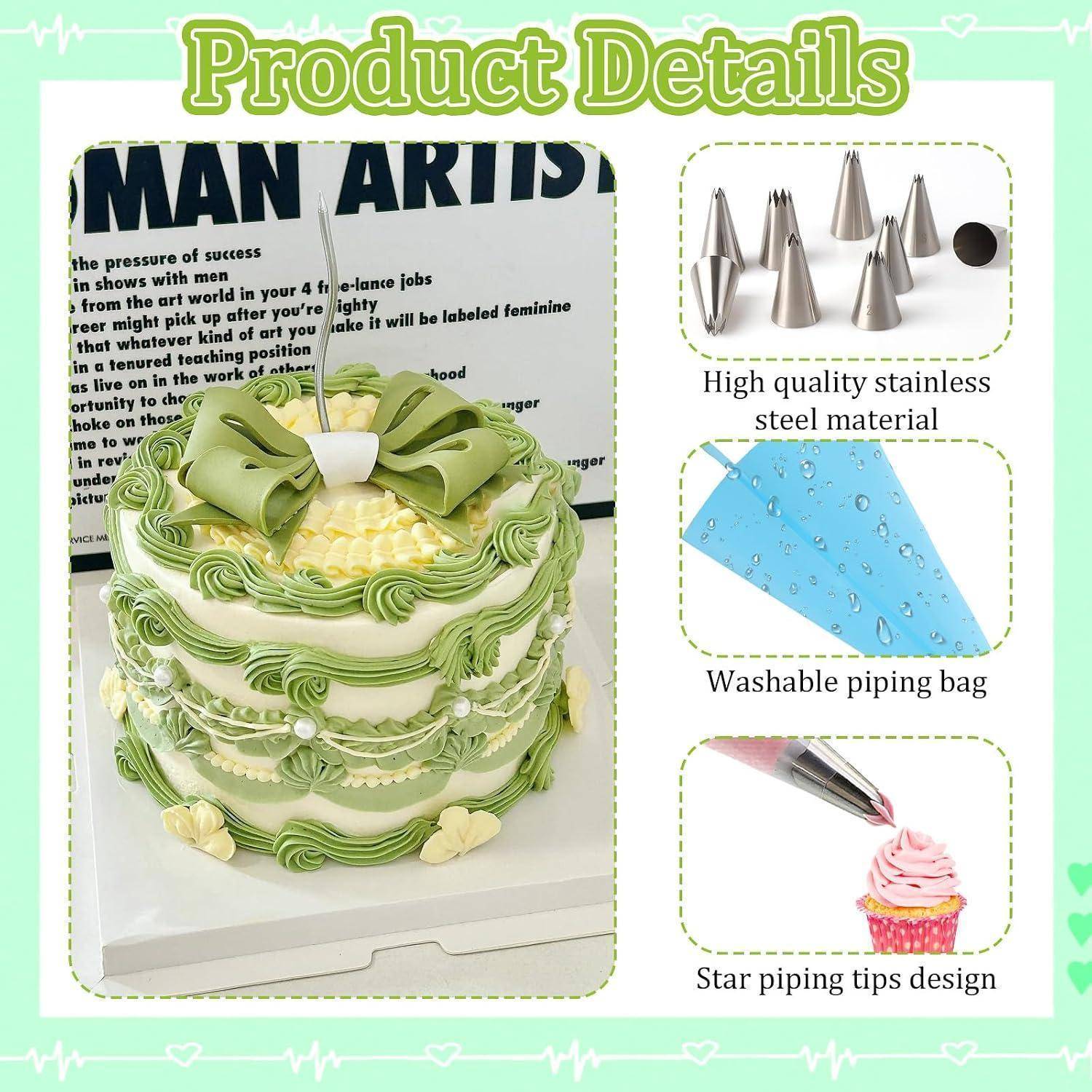 Produktdetail-Grafik mit einem grün-weiß dekorierten Kuchen und drei Funktionen: Spritztüllen aus Edelstahl, waschbarer Spritzbeutel und Sternenform-Design.