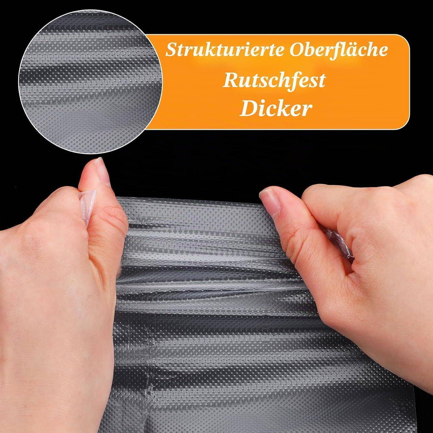 Hände dehnen ein strukturiertes graues Tuch; eine Vergrößerung zeigt die Oberfläche mit deutschem Text „Strukturierte Oberfläche Rutschfest Dicker