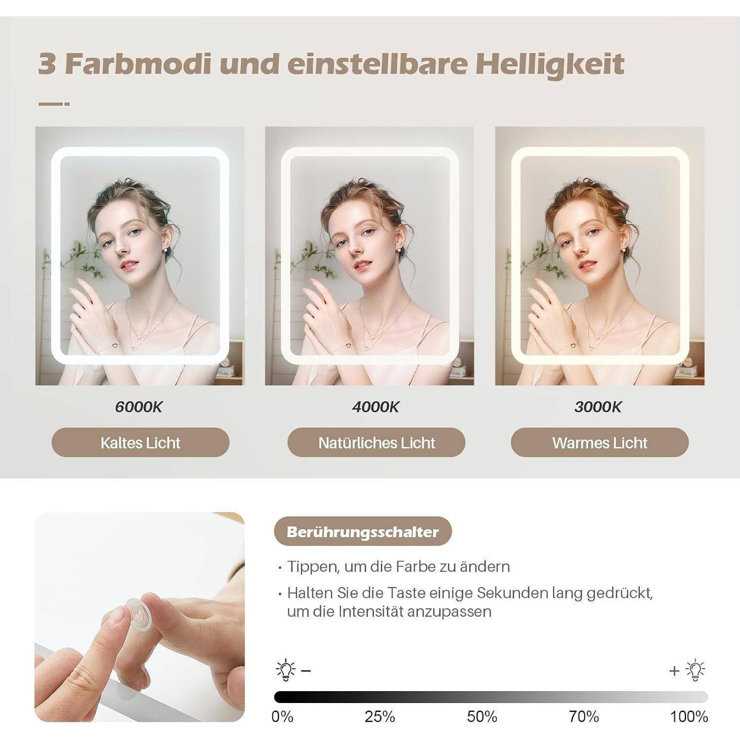Infografik mit einem Spiegel mit 3 Lichtfarbmodi und verstellbarer Helligkeit: 6000K kühles Licht, 4000K natürliches Licht, 3000K warmes Licht, plus Touchsteuerung zum Ändern von Farbe und Intensität.
