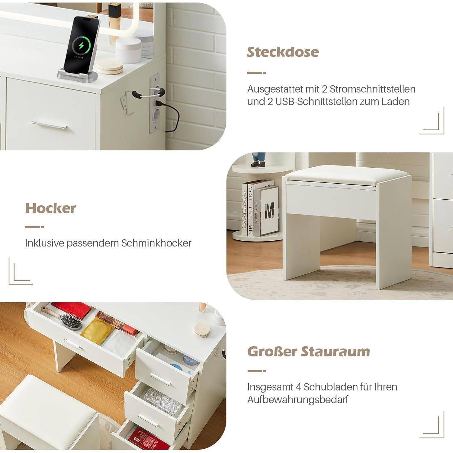 Werbeabbildung eines Frisiertisches: Steckdose mit 2 Stromschächten und 2 USB-Anschlüssen, passendem Hocker und Lagertruhe mit 4 Schubladen.