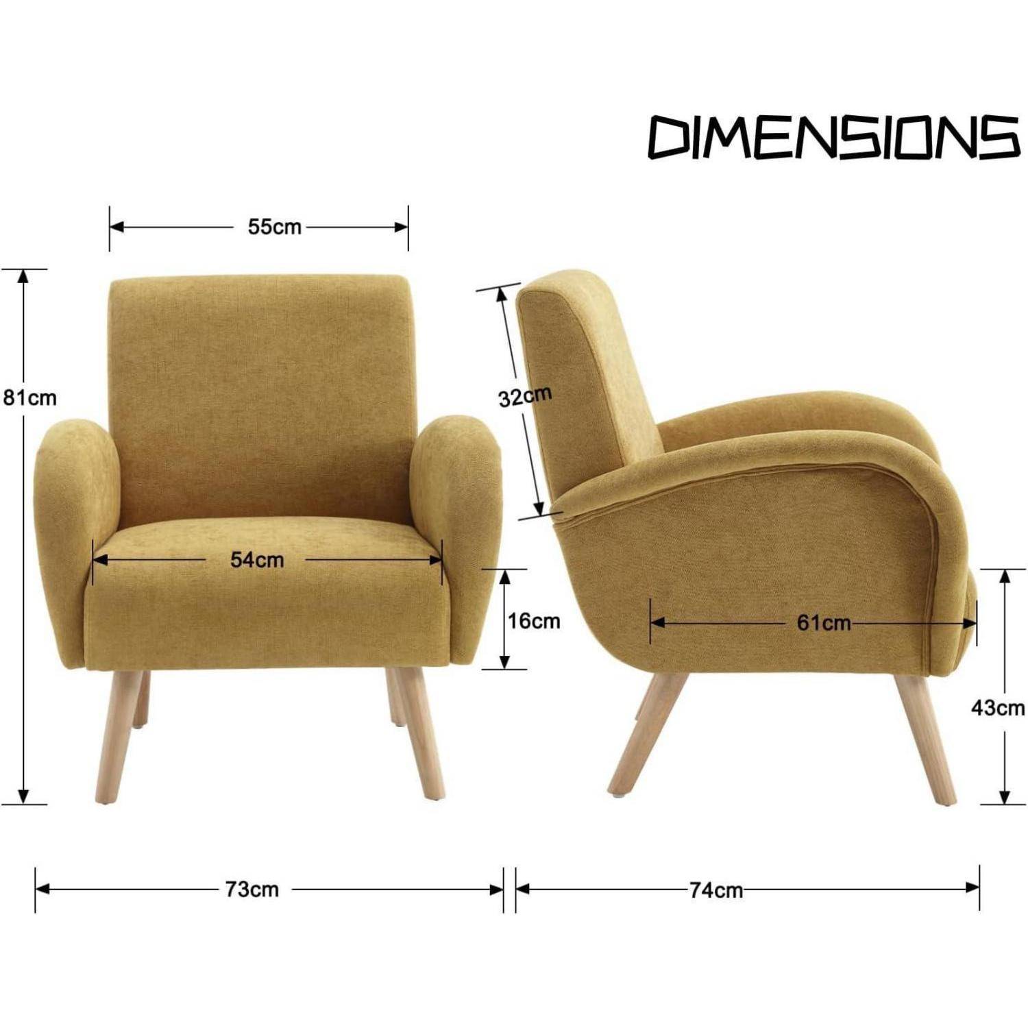 Dimensionsdiagramm eines beige gepolsterten Sessels mit Vorder- und Seitenansicht und Maßangaben: 81 cm Höhe, 73 cm Breite, 74 cm Tiefe, 54 cm Sitzbreite, 61 cm Sitztiefe, 43 cm Sitzhöhe, 32 cm Rückenlehne-Höhe, 55 cm Oberbreite.