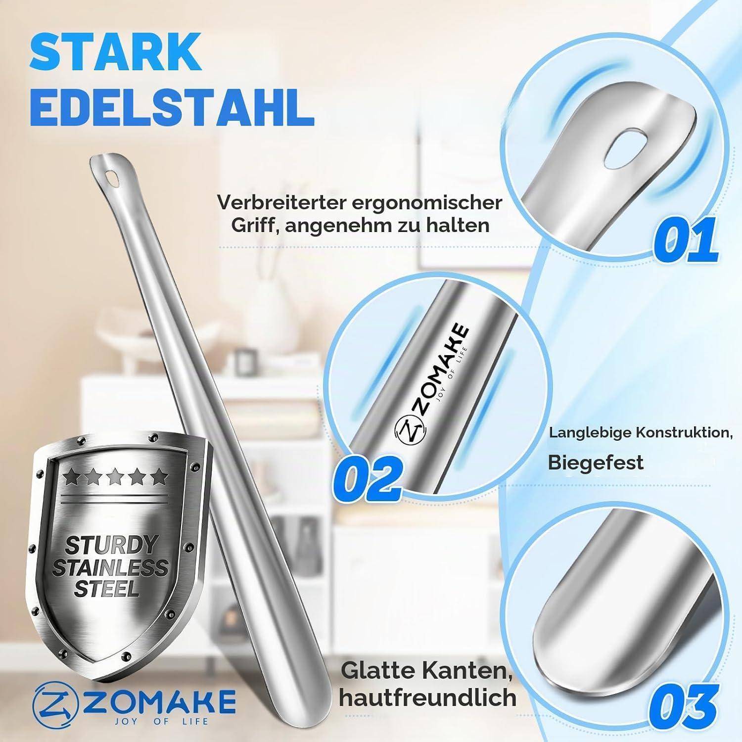 Werbebild eines Edelstahlwerkzeugs oder einer Edelstahlutensilie mit breitem ergonomischem Griff und abgerundeten Kanten, gekennzeichnet mit „STARK EDELSTAHL