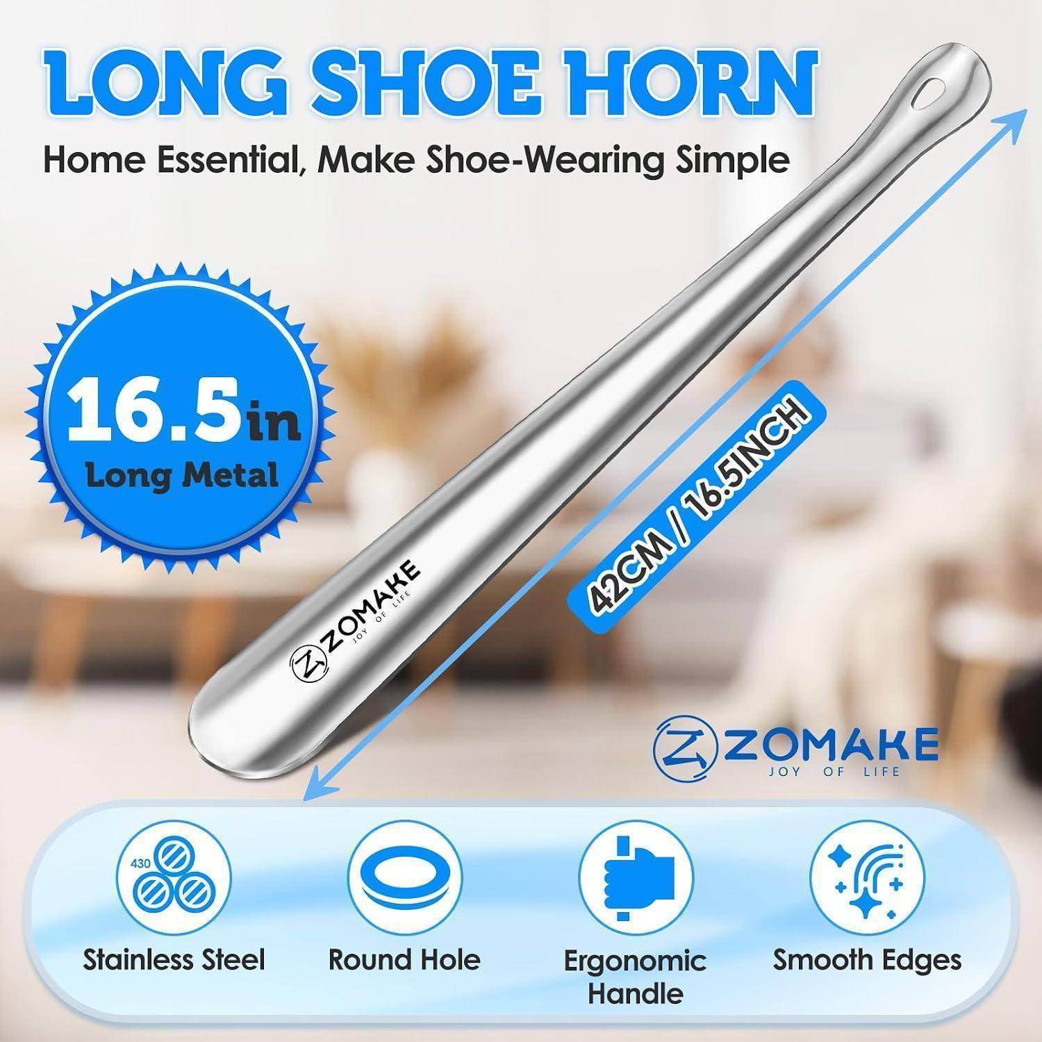 Werbegrafik eines 16,5 Zoll langen Schuhlöffels aus Edelstahl mit der Bezeichnung „Home Essential, Mach das Anziehen von Schuhen einfach