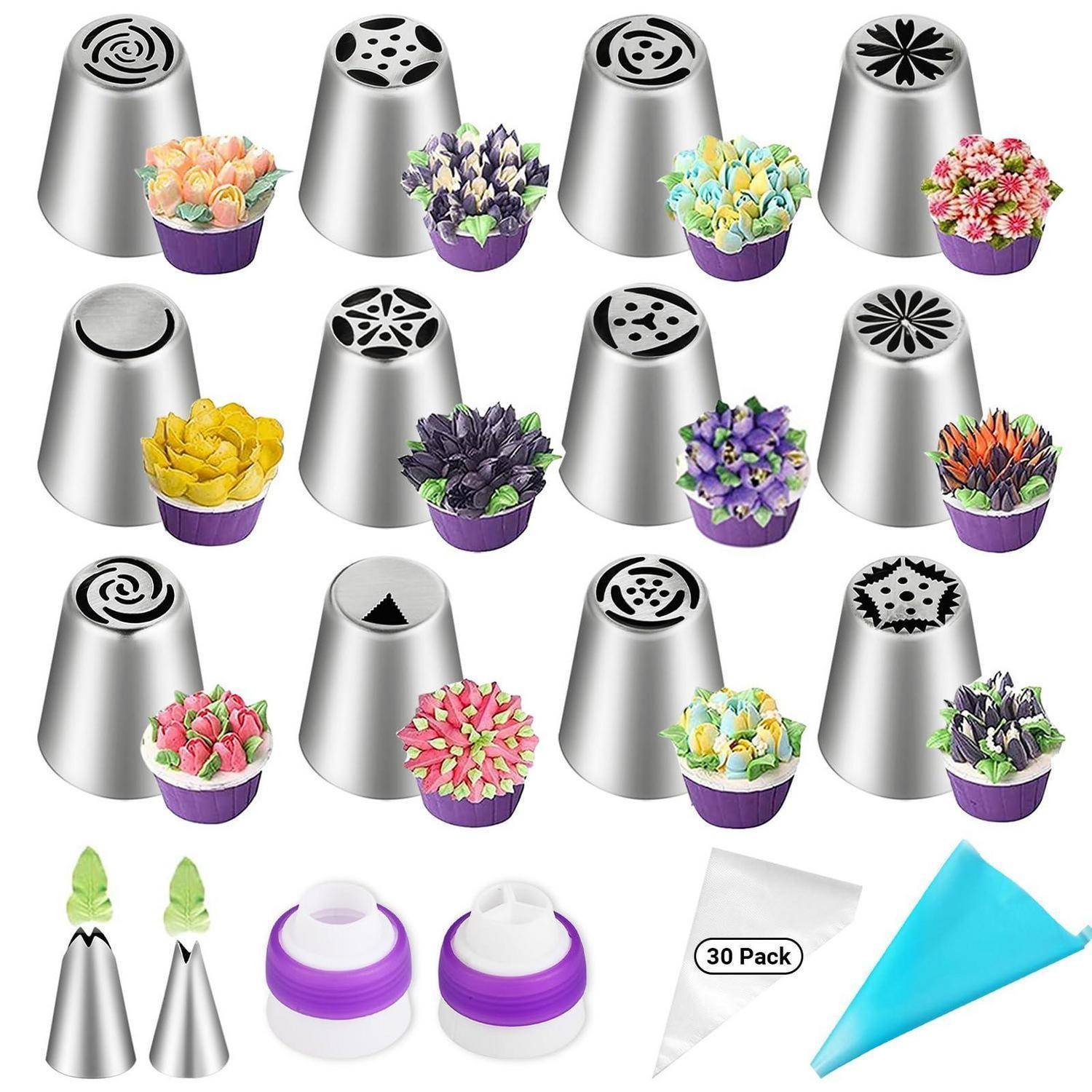 Satz von 30 Spritzspitzen, zwei Adapter und Einweg-Spritzbeutel zum Verzieren von Cupcakes und Blumen.