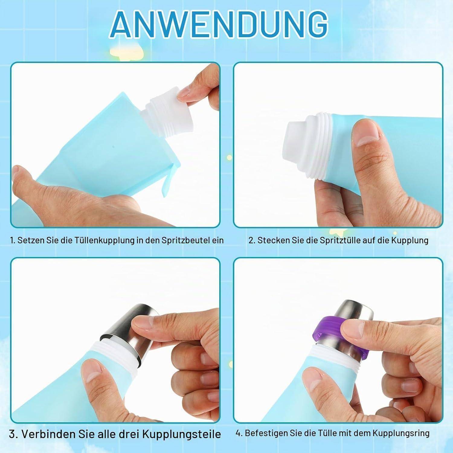 Vierschrittiges deutsches Anleitung-Grafik für eine Spritzbeutelanschlussvorrichtung: Adapter in den Beutel einführen, Düse befestigen, Teile verbinden, dann die Spitze mit dem Ring sichern.
