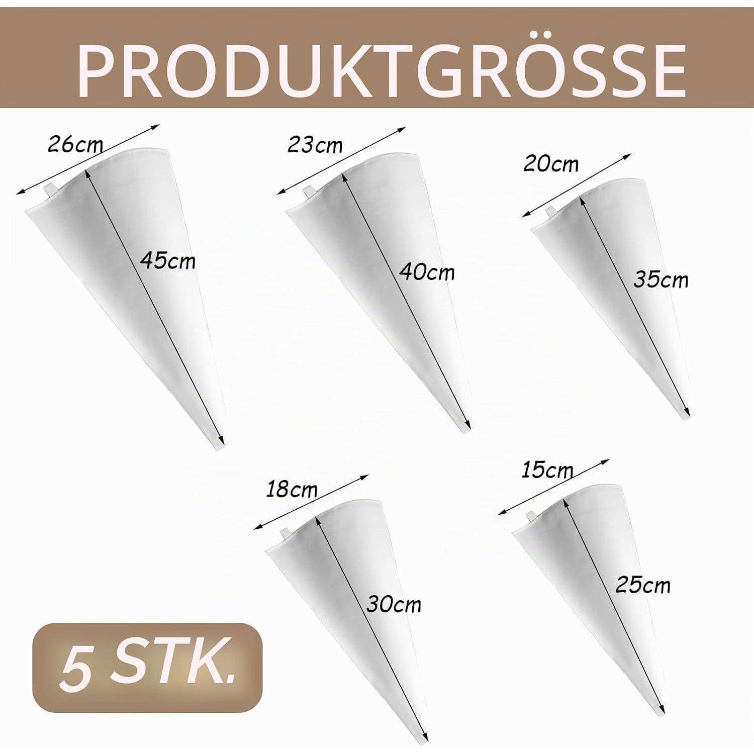 Produktgrößentabelle mit 5 weißen kegelförmigen Gegenständen in fünf Größen: 26 x 45 cm, 23 x 40 cm, 20 x 35 cm, 18 x 30 cm und 15 x 25 cm.