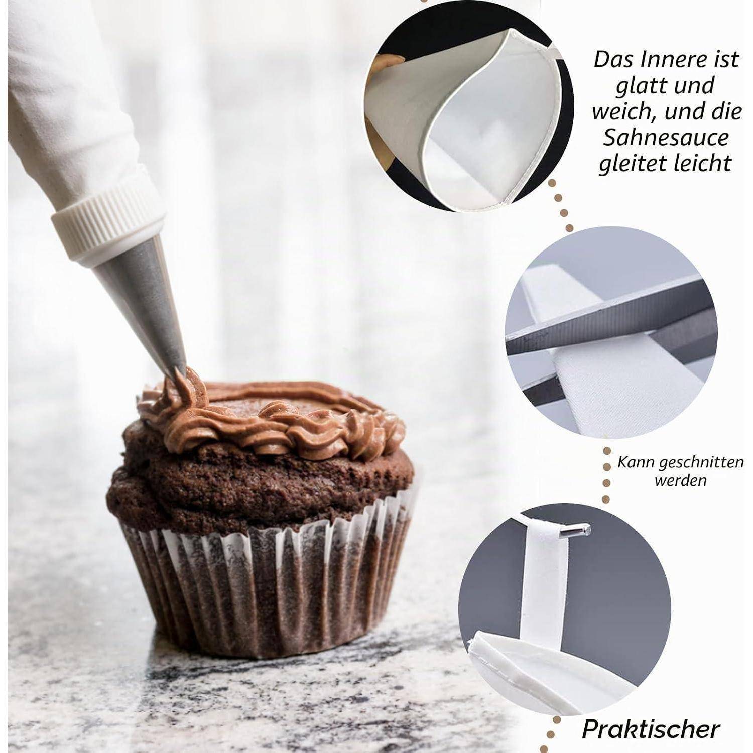 Spritzbeutel der Bäckerei, der Schokoladenglasur auf ein Cupcake aufspritzt, mit Beschriftungen, die ein glattes Inneres, leichten Fluss und eine abschneidbare Spitze für praktische Verwendung zeigen.