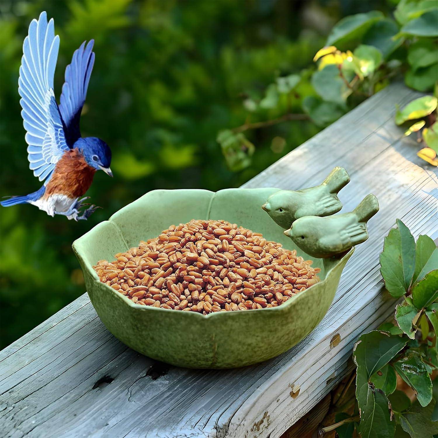 Ein Blaukehlchen nähert sich einer grünen Schale voller Nüsse auf einem Holzgeländer, mit zwei dekorativen Vogelfiguren daneben.