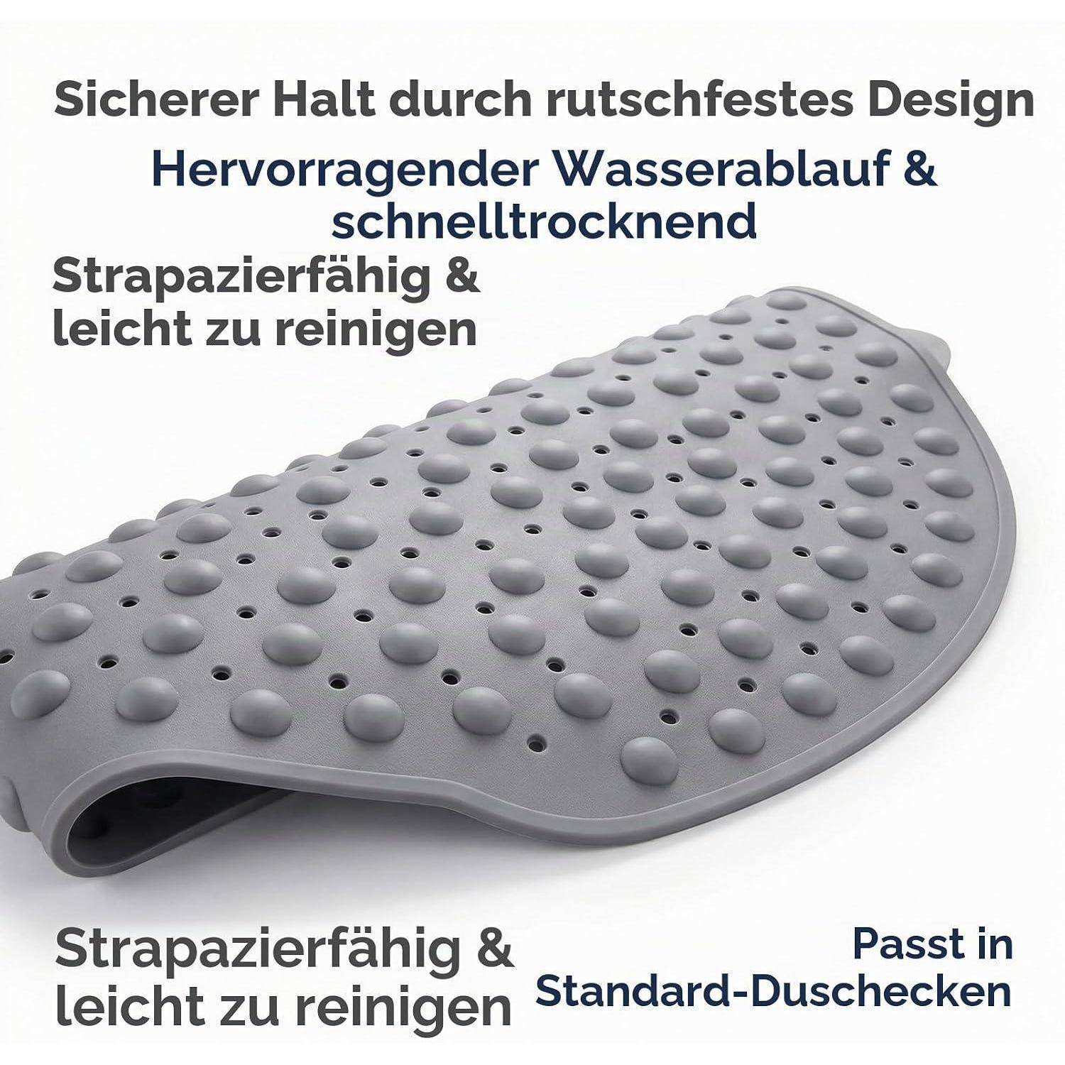 Graue rutschfeste Duschmatte mit Saugnäpfen; deutscher Text hebt sicheren Halt, schnelle Trocknung durch Drainage, Langlebigkeit, einfache Reinigung und Passform für Standard-Duschwannen hervor.