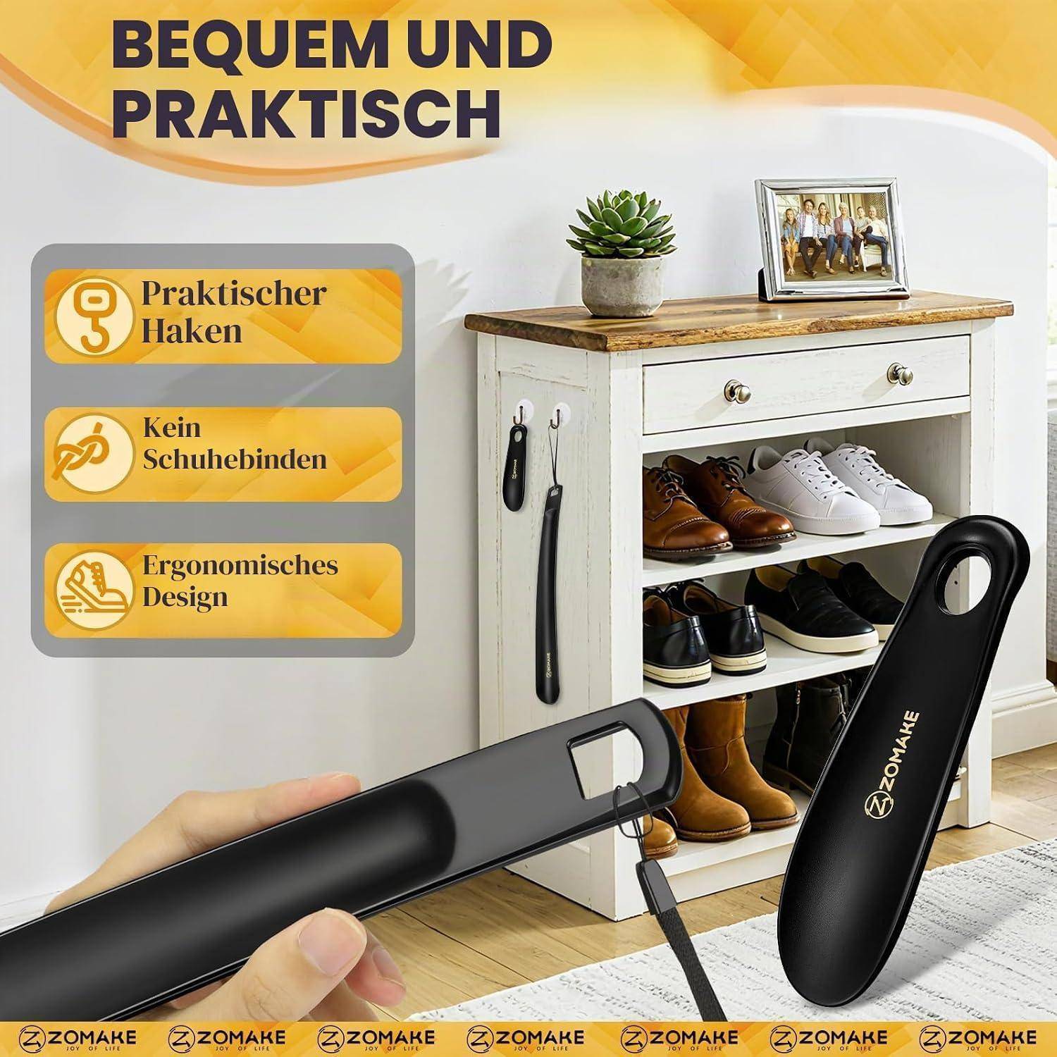 Werbebild eines langen Schuhanziehhelfes mit „praktischem Haken