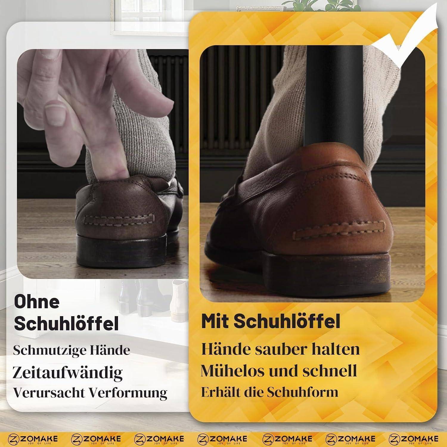 Nebeneinander Schuhvergleich: Links wird an einer Ferse ohne Schuhlöffel gezogen, beschriftet mit „Ohne Schuhlöffel
