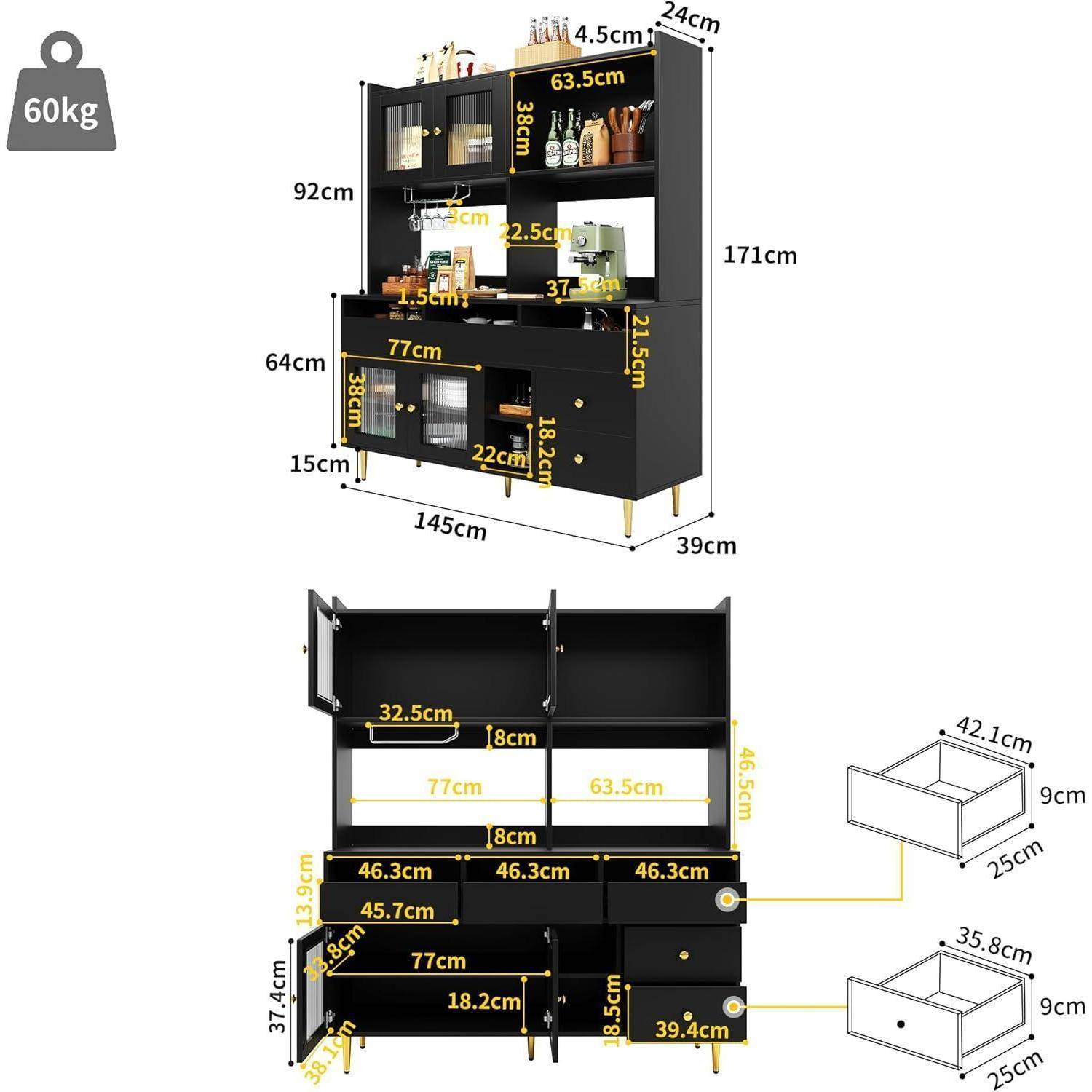 Schwarzer Lagerschrank mit Regalen, Schubladen und Glastüren; beschriftete Produktzeichnung zeigt eine Höhe von 171 cm, eine Breite von 145 cm, eine Tiefe von 39 cm und eine Tragfähigkeit von 60 kg.