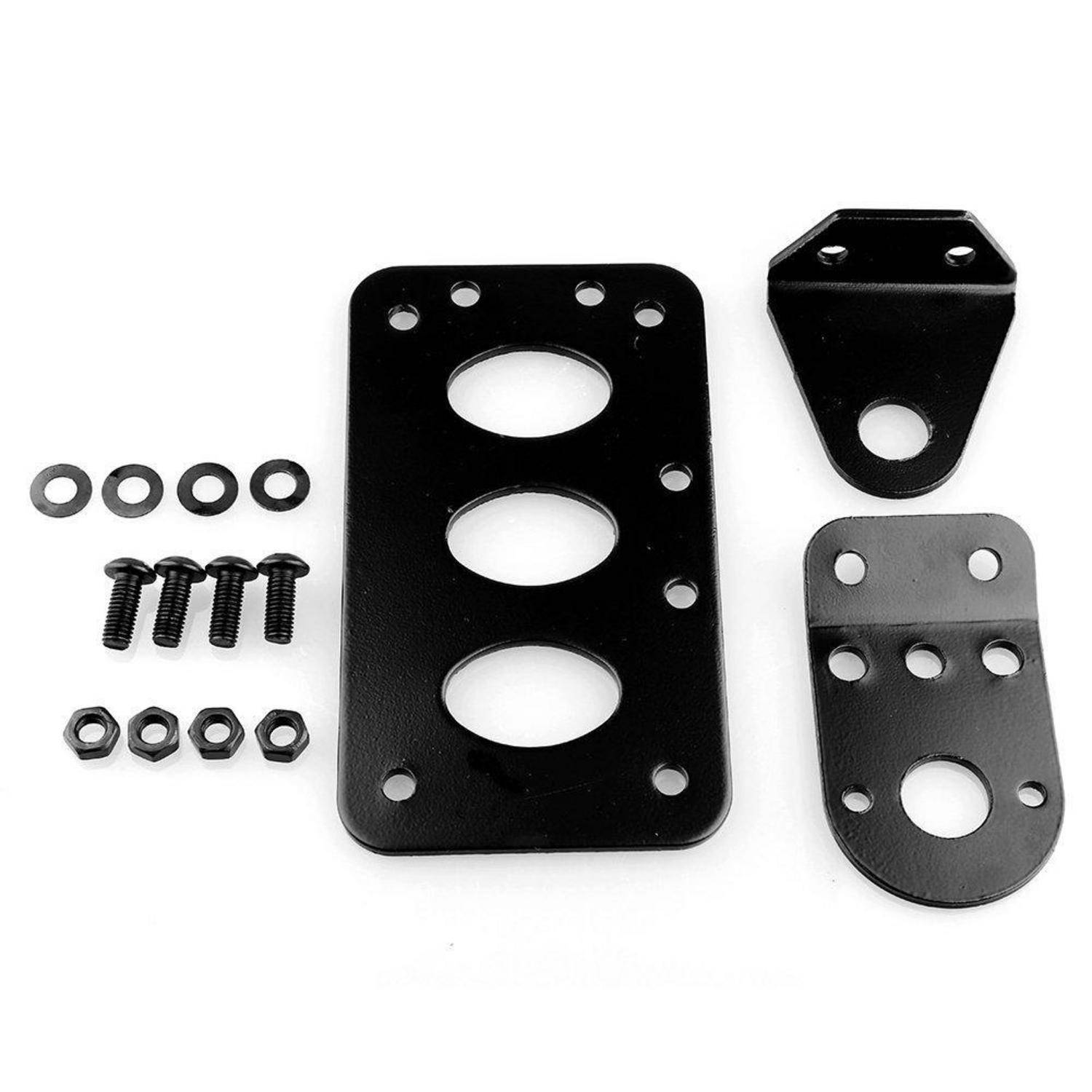 Schwarzes Metall-Montageklammerkit mit einer großen Platte, zwei kleineren Halterungen, Unterlegscheiben, Bolzen und Muttern auf weißem Hintergrund.