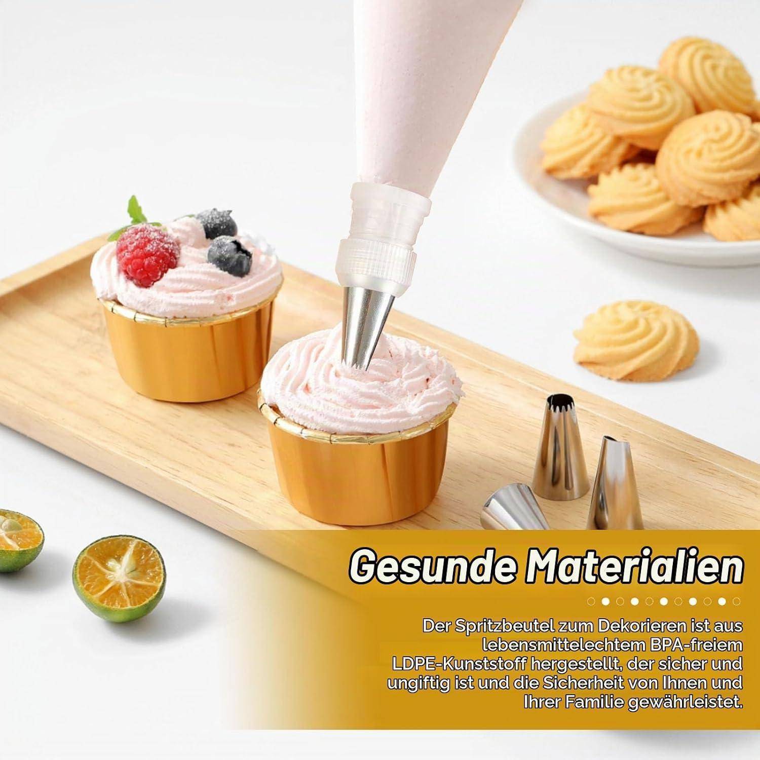 Spritzbeutel dekoriert zwei Cupcakes mit rosa Glasur; Text sagt „Gesunde Materialien