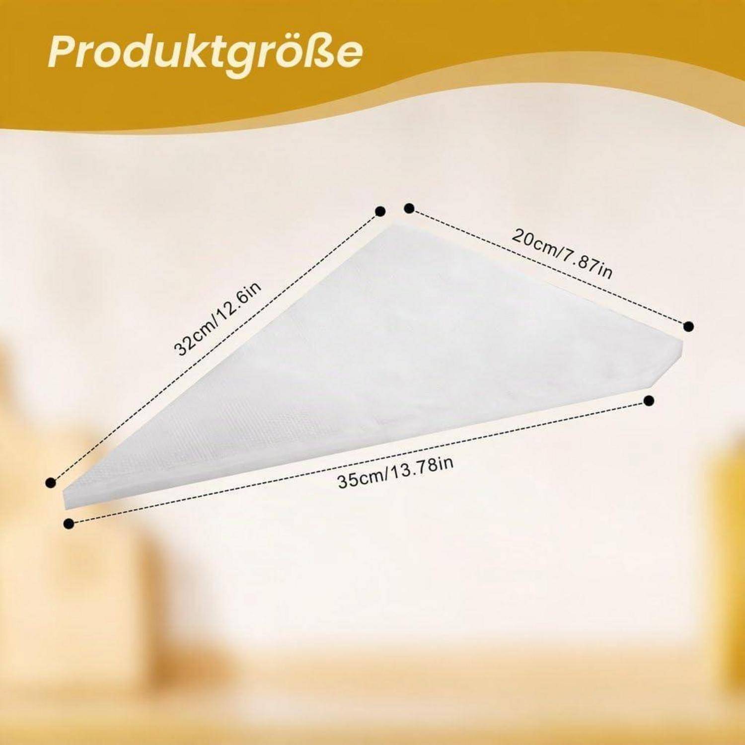 Produktgrößendiagramm mit einer dreieckigen Hängebanniere, beschriftet mit 32 cm, 35 cm und 20 cm auf ihren Seiten.