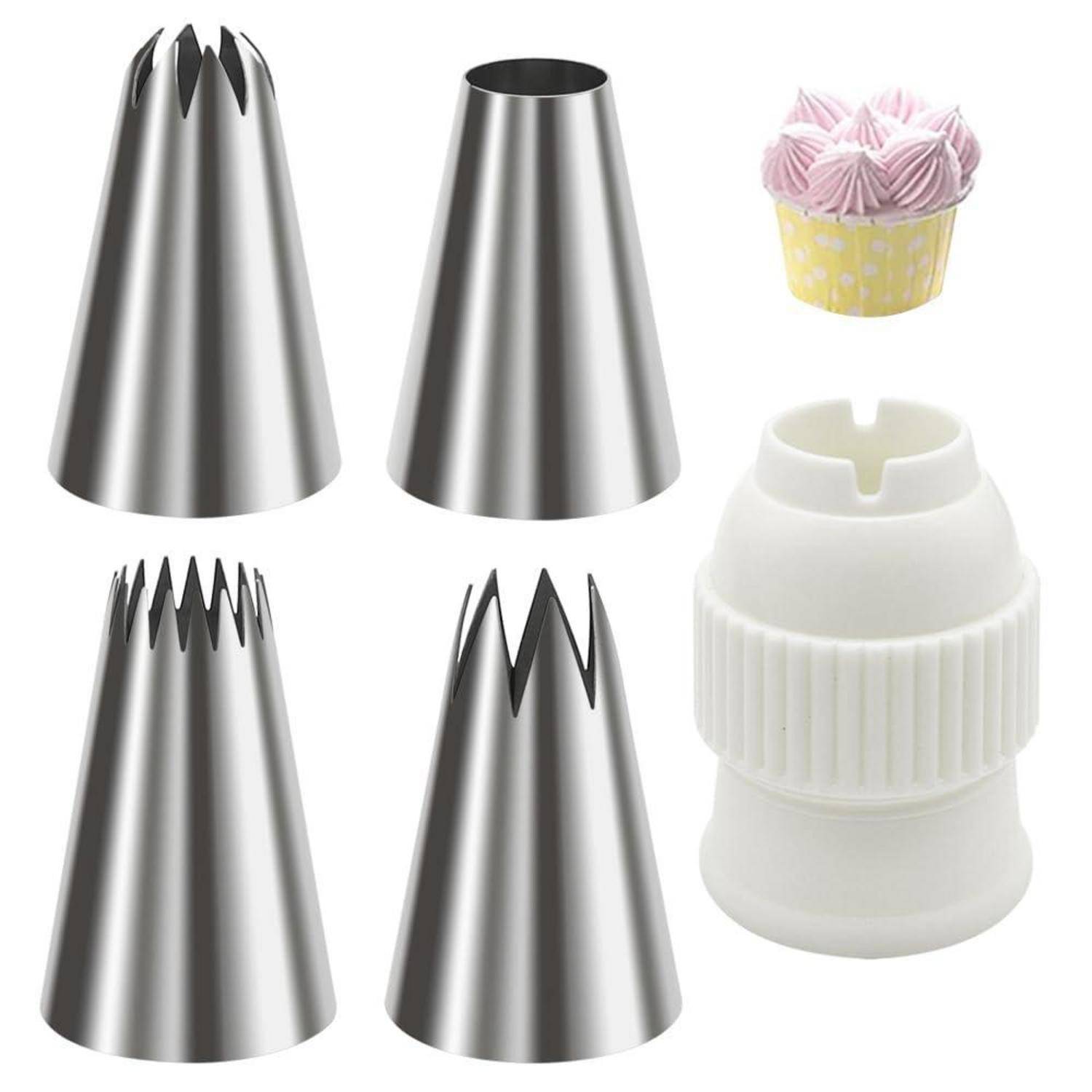 Satz aus Metallspritztüllen mit verschiedenen Stern- und Rundöffnungen, plus ein weißer Spritzbeutelaufsatz und ein dekoriertes Cupcake-Beispiel zum Verzieren von Kuchen.