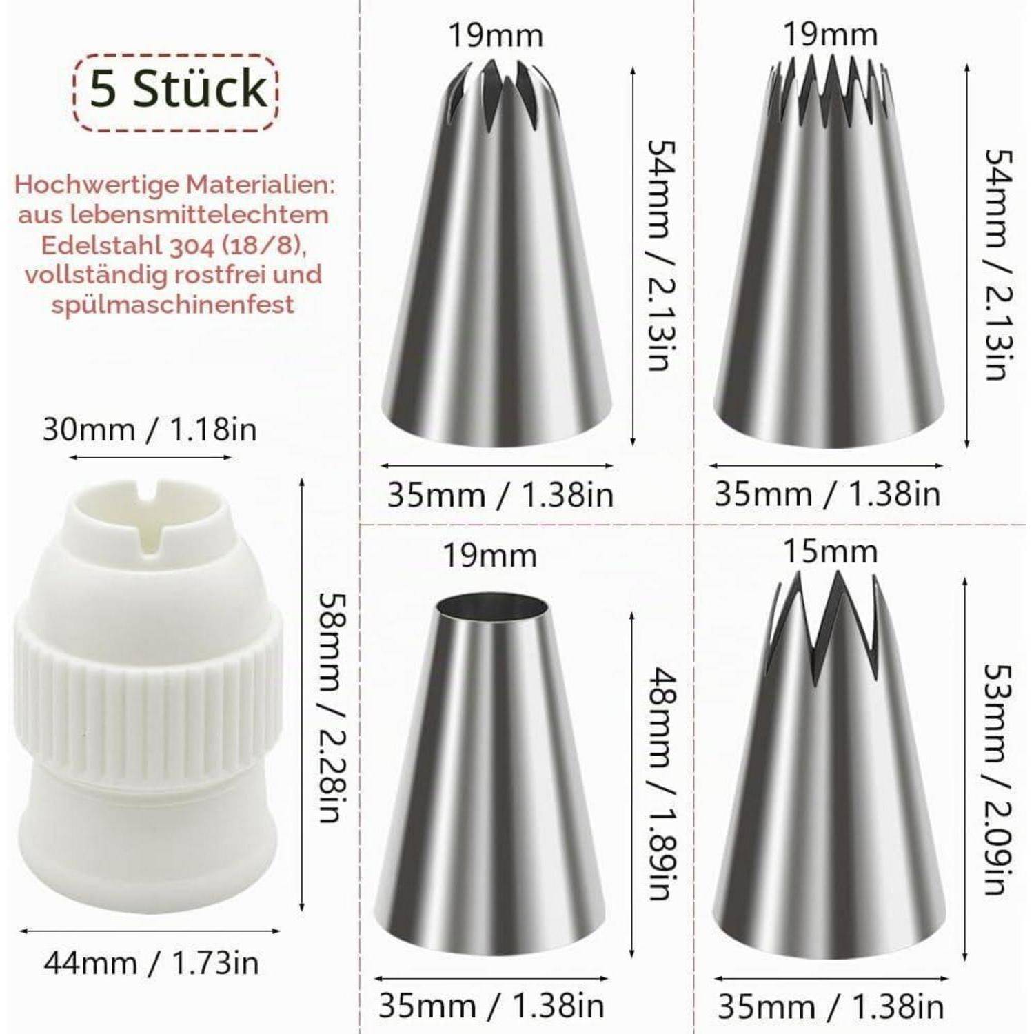 Infografik mit 5 Edelstahlspritzspitzen und einer Kupplung, die Größen zeigt: Spitzen 19mm oder 15mm Öffnungen, 35mm Basis, 48-54mm Höhe; Kupplung 44mm Breite, 58mm Höhe.