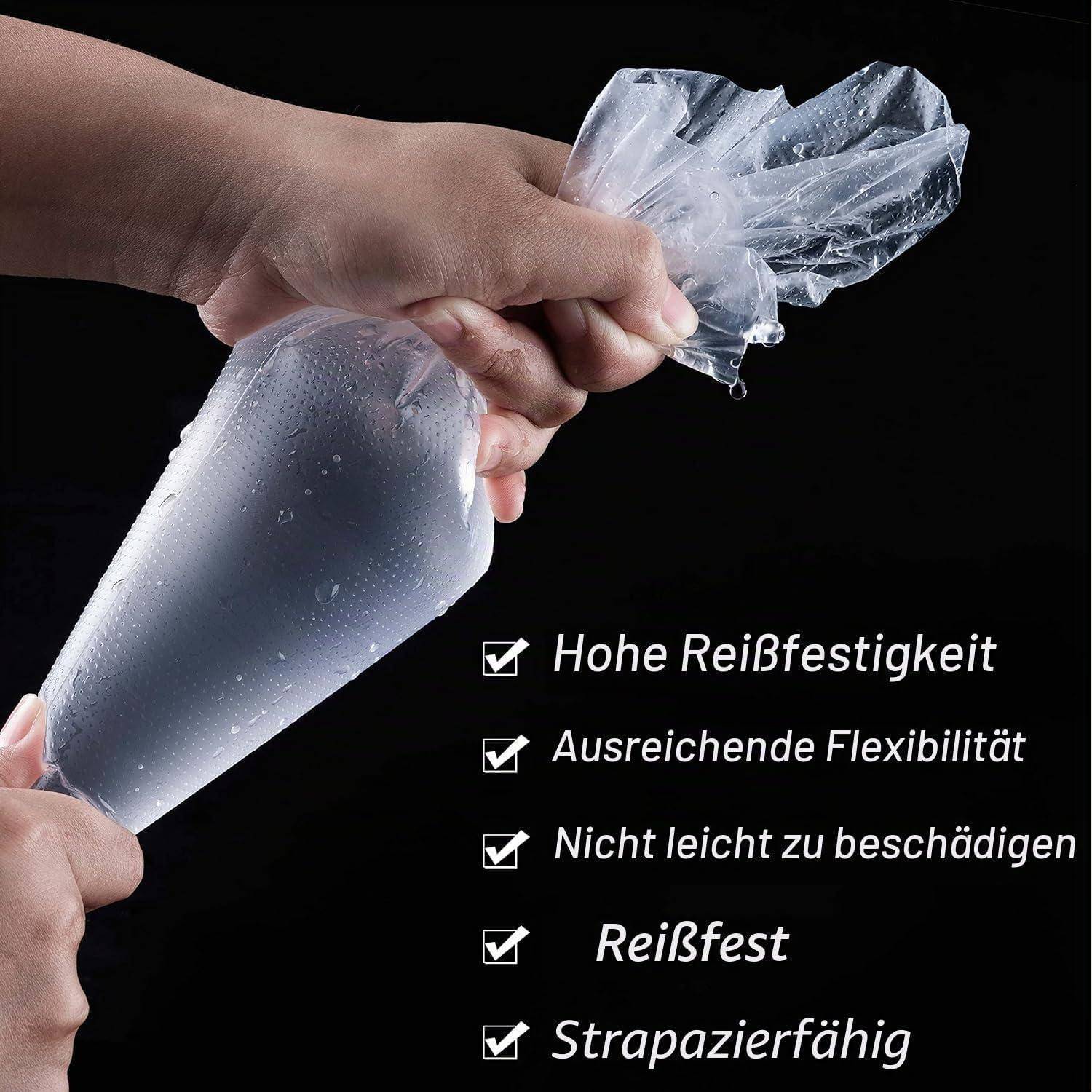 Hände ziehen an einer klaren Plastiktüte, um die Reißfestigkeit zu zeigen; deutscher Text listet Vorteile auf: hohe Reißfestigkeit, Flexibilität, langlebig, nicht leicht zu beschädigen.