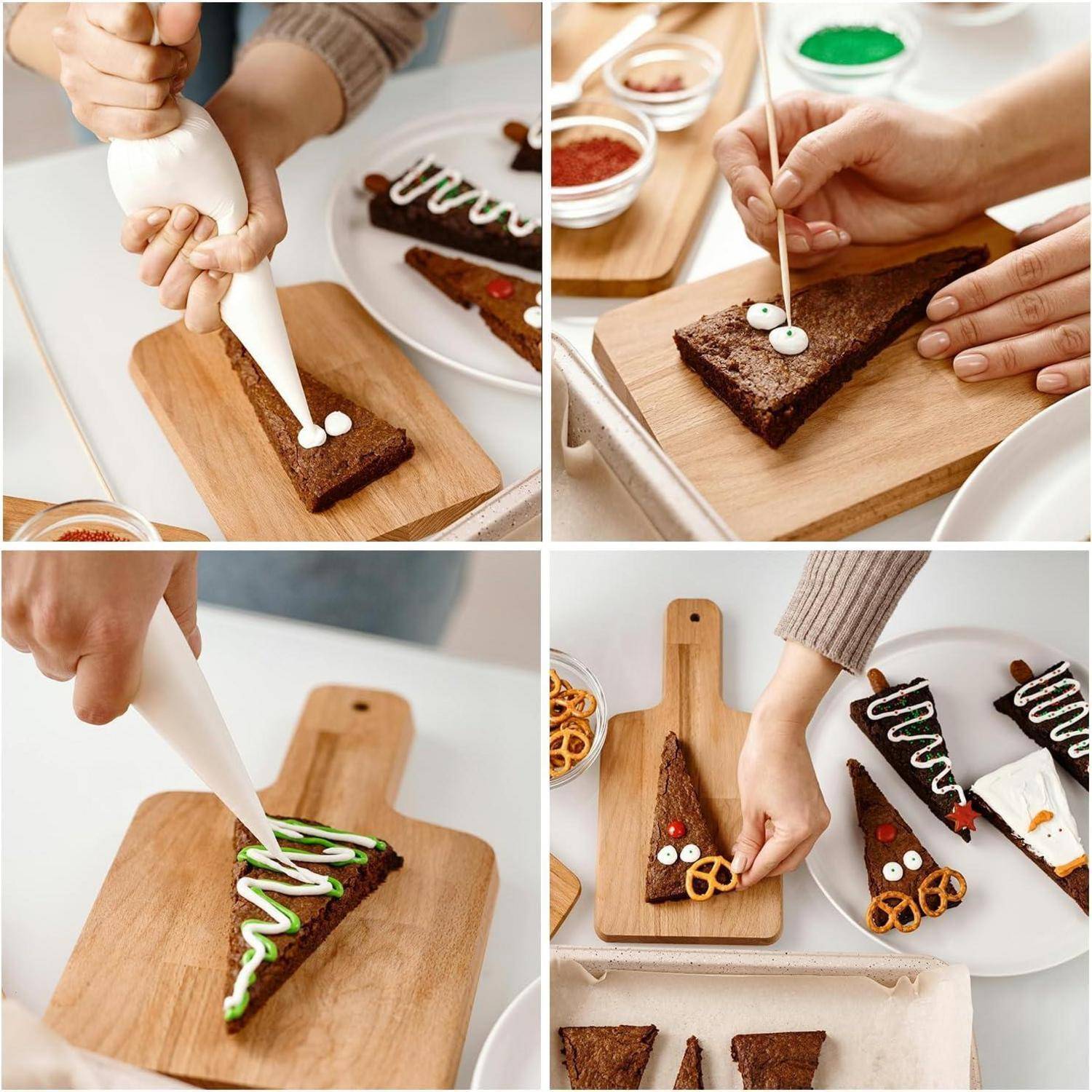 Vierschrittiges Collage-Bild zum Dekorieren von dreieckigen Schokoladenkuchenscheiben mit Zuckerguss, Bonbonaugen und Brezeln, um Rentiergesichter auf Holzbrettern und einem Teller zu kreieren.
