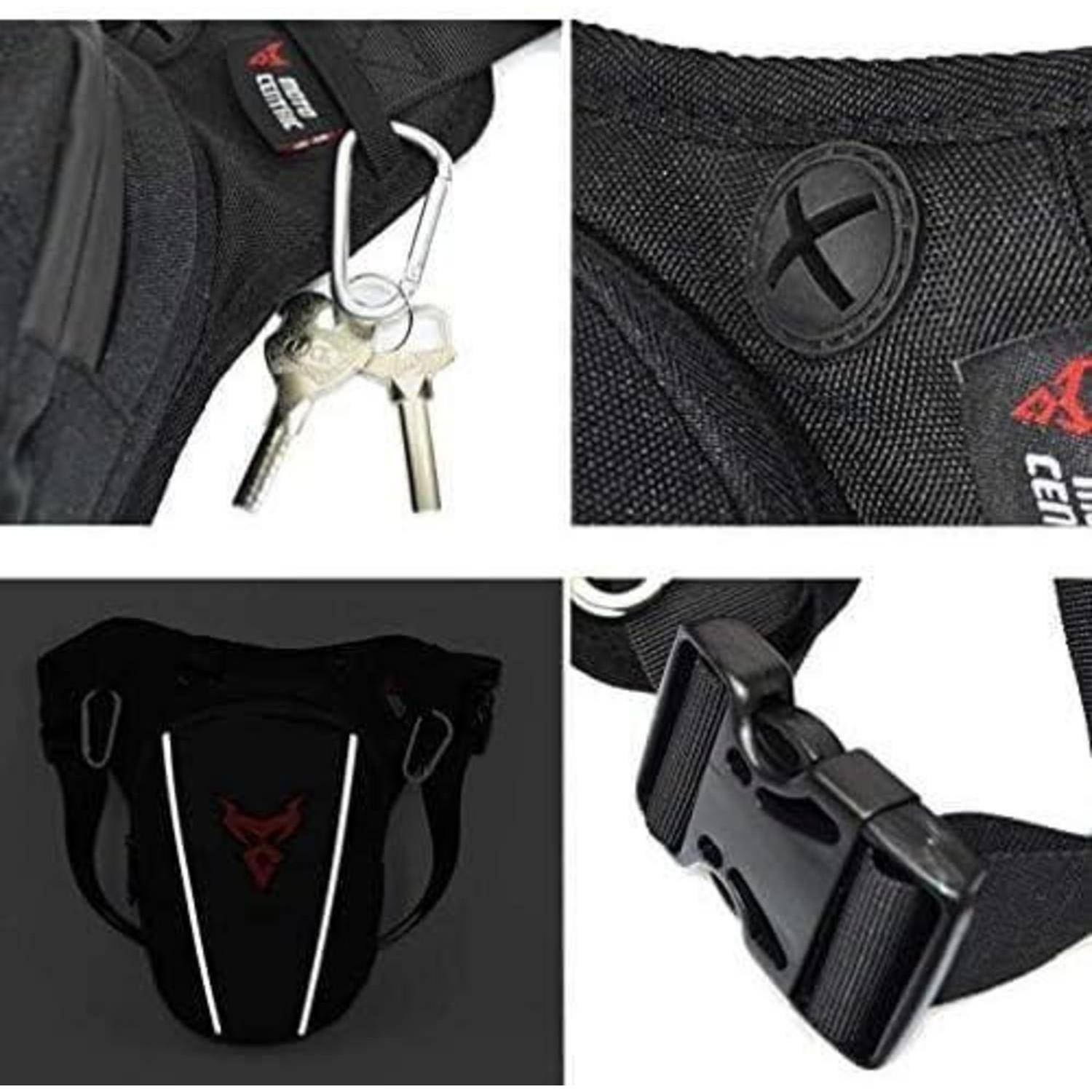 Collage eines schwarzen Rucksacks oder einer Tasche mit Clips, Riemenschnalle und vorderen reflektierenden Streifen mit Kreuzlogo.
