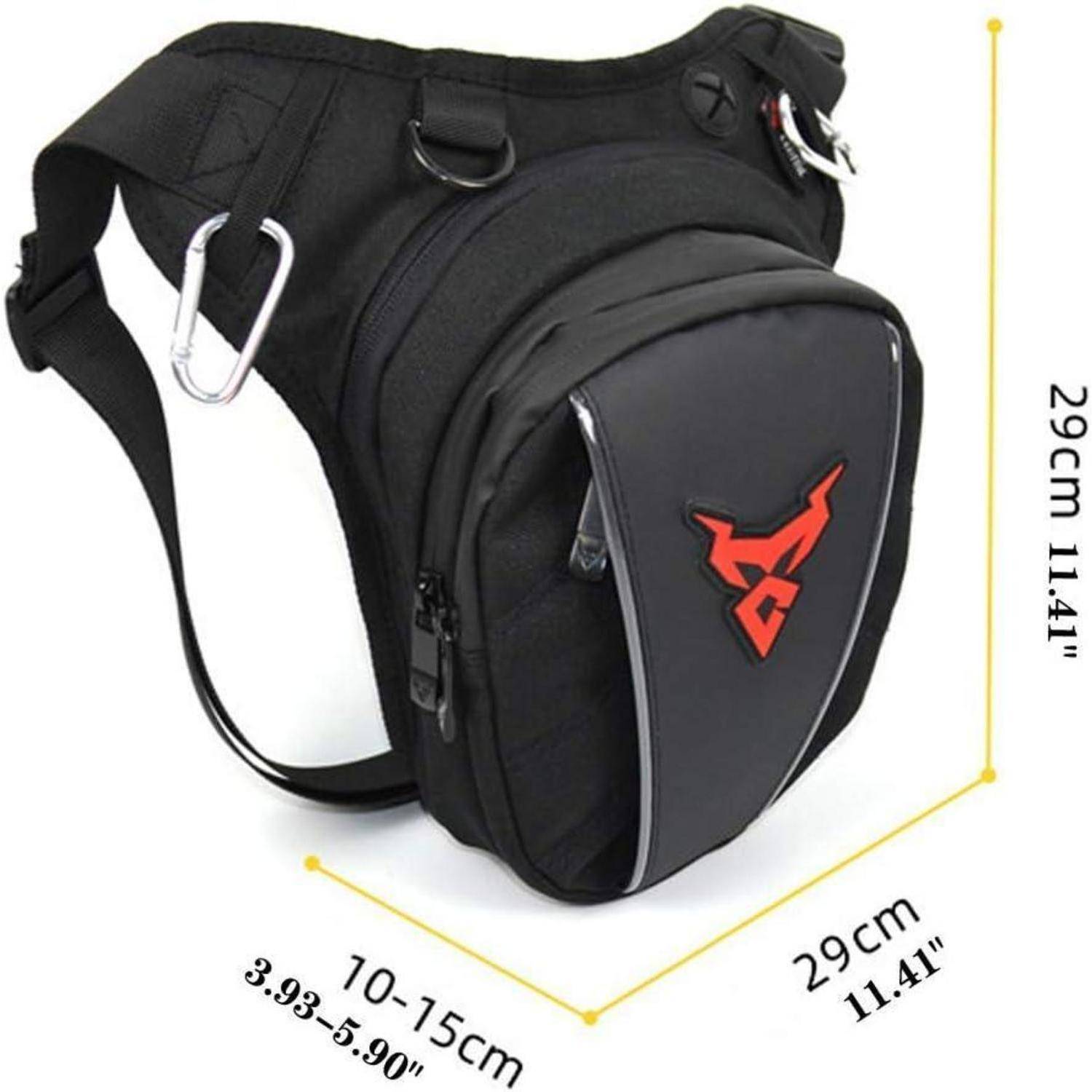 Schwarze Oberschenkelholster-Tasche mit verstellbarem Riemen und vorderer Reißverschlusstasche, gezeigt mit Abmessungen von 29 cm x 29 cm und 10–15 cm Breite.