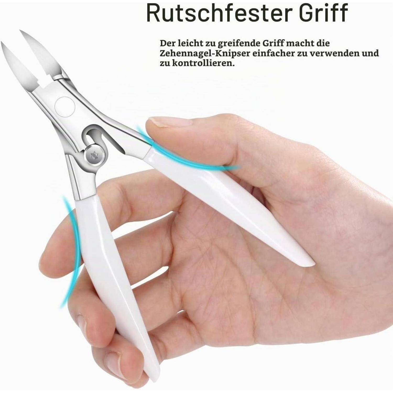 Hand hält eine Nagelschere mit der Aufschrift „Rutsfester Griff