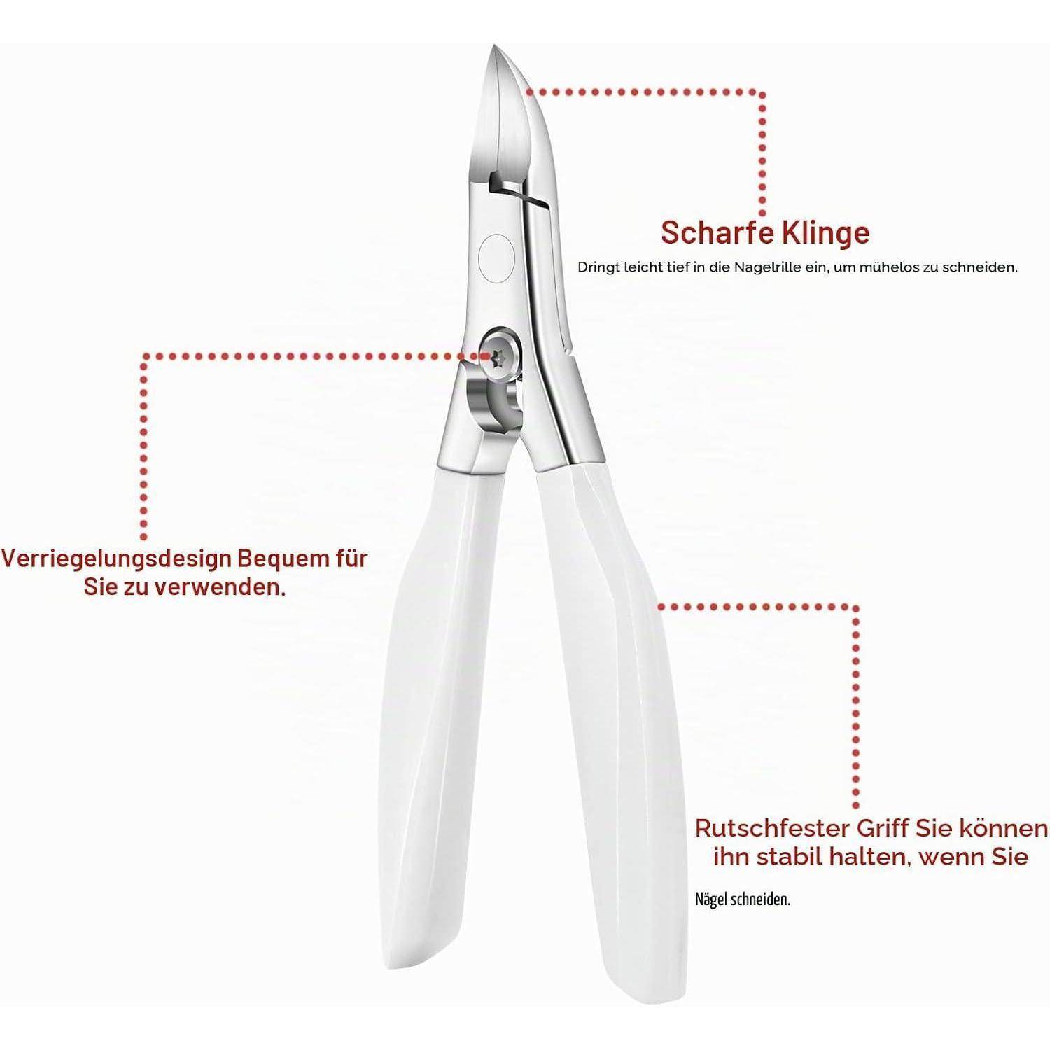 Kommentierte Nagelschere mit deutschen Beschriftungen, die die scharfe Klinge, das einfache Verschlusssystem und den rutschfesten Griff zur stabilen Verwendung beim Schneiden von Nägeln hervorheben.