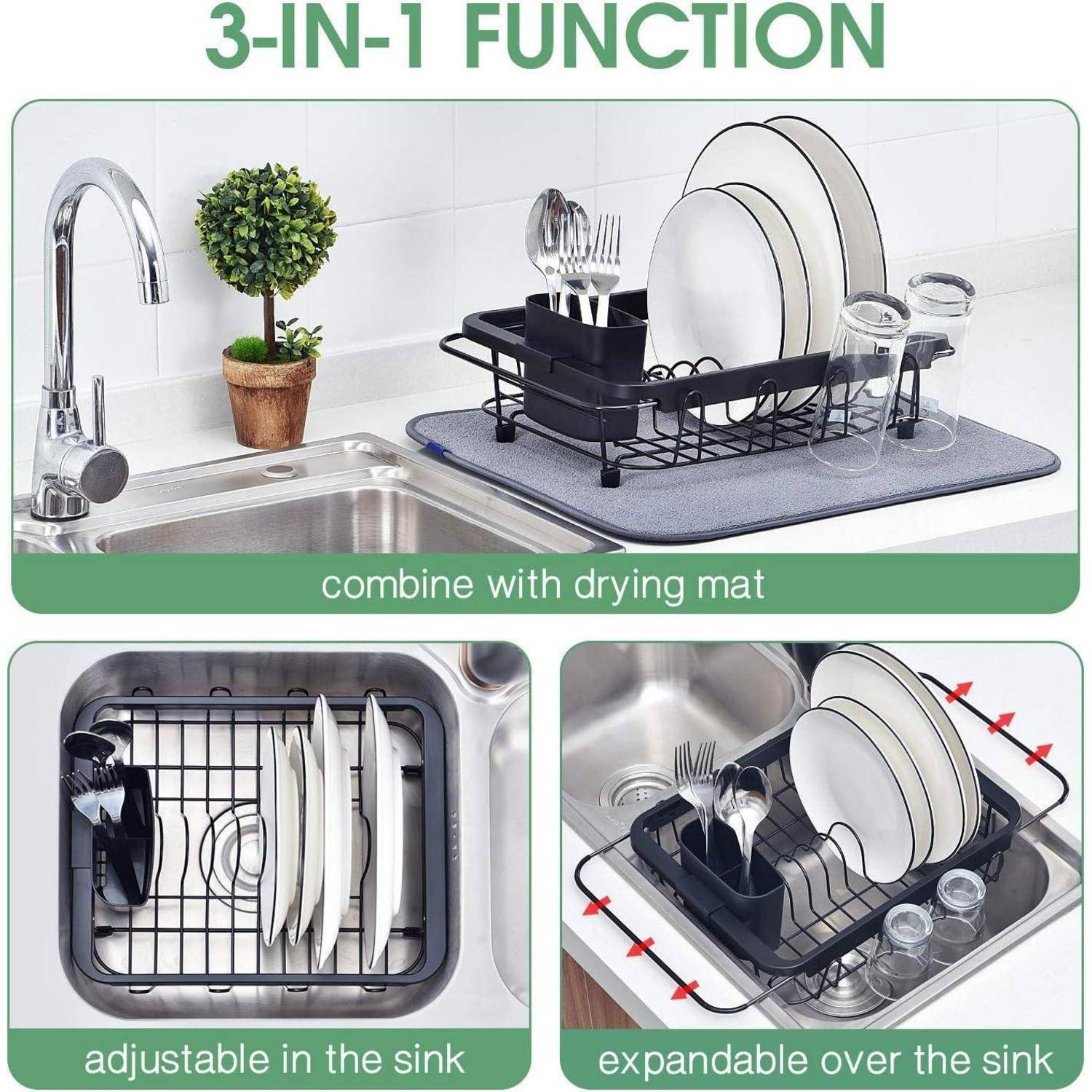 Werbebild eines 3-in-1-Geschirrständers mit Trocknungsmatte, der die Arbeitsplatznutzung, die verstellbare Platzierung im Spülbecken und die erweiterbare Trocknung über dem Spülbecken kombiniert.