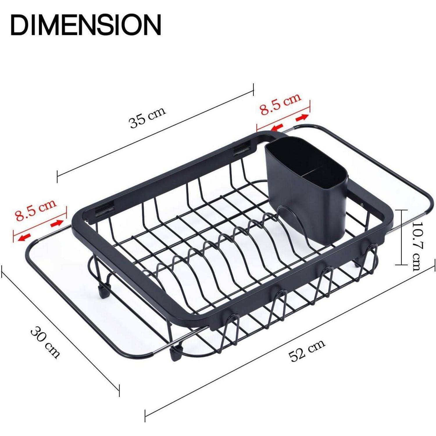 Dimensionsdiagramm eines schwarzen Drahtgeschirrs mit Besteckhalter mit Messwerten: 52 cm lang, 35 cm breit, 10,7 cm hoch, 30 cm Basis und 8,5 cm Abschnitte.