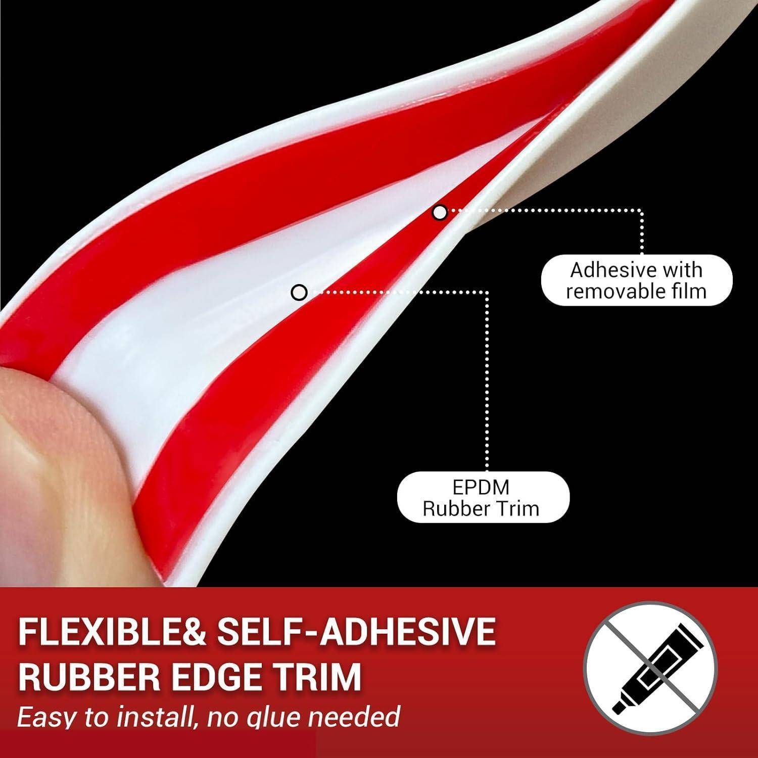 Nahaufnahme einer flexiblen selbstklebenden Gummikantenschutzleiste mit abnehmbarem Klebeband, gekennzeichnet mit „EPDM-Gummikantenschutz